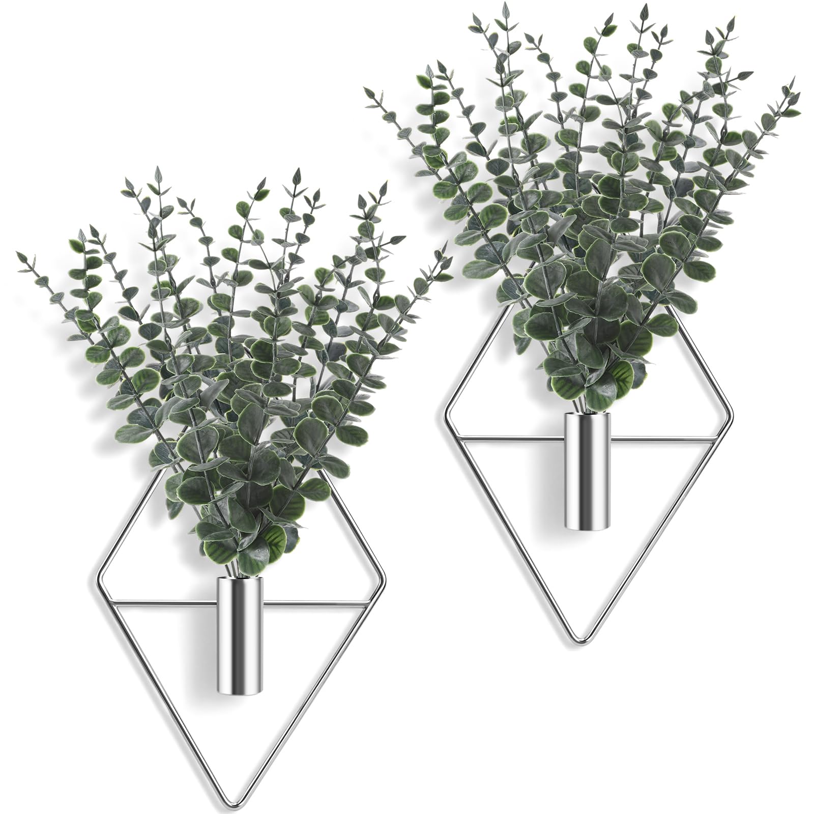 Jexine 4 Pcs Hanging Planters with Artificial Eucalyptus Metal Hanging Vase Indoor Plants Holder Modern Geometric Boho Bathroom Wall Decor for Living Room Home Office(Black)