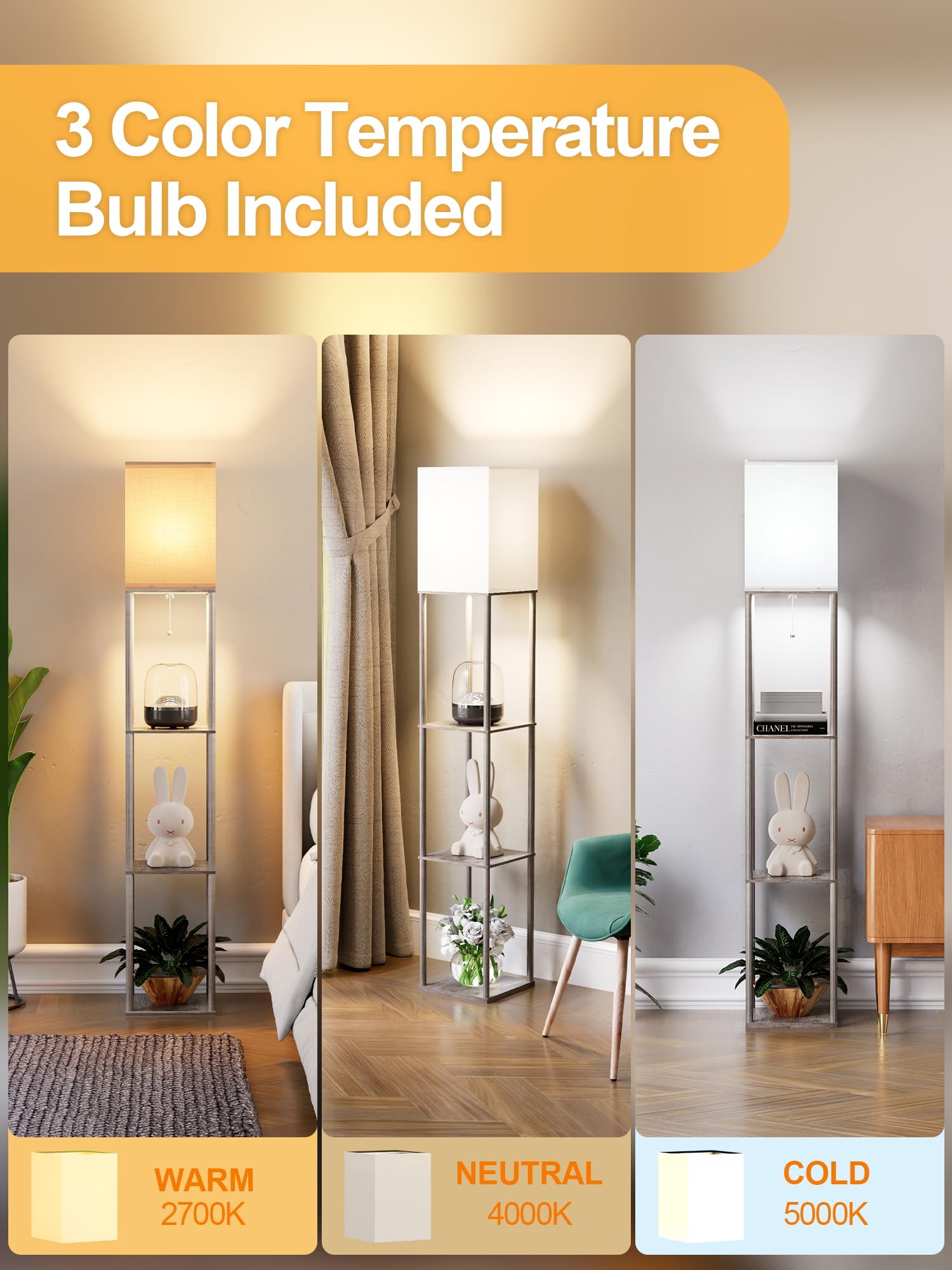 Floor Lamp with Shelves for Living Room, Shelf Floor Lamp with 3 CCT LED Bulb, Corner Display Standing Column Lamp Etagere Organizer Tower Nightstand with White Linen Shade for Bedroom, Office
