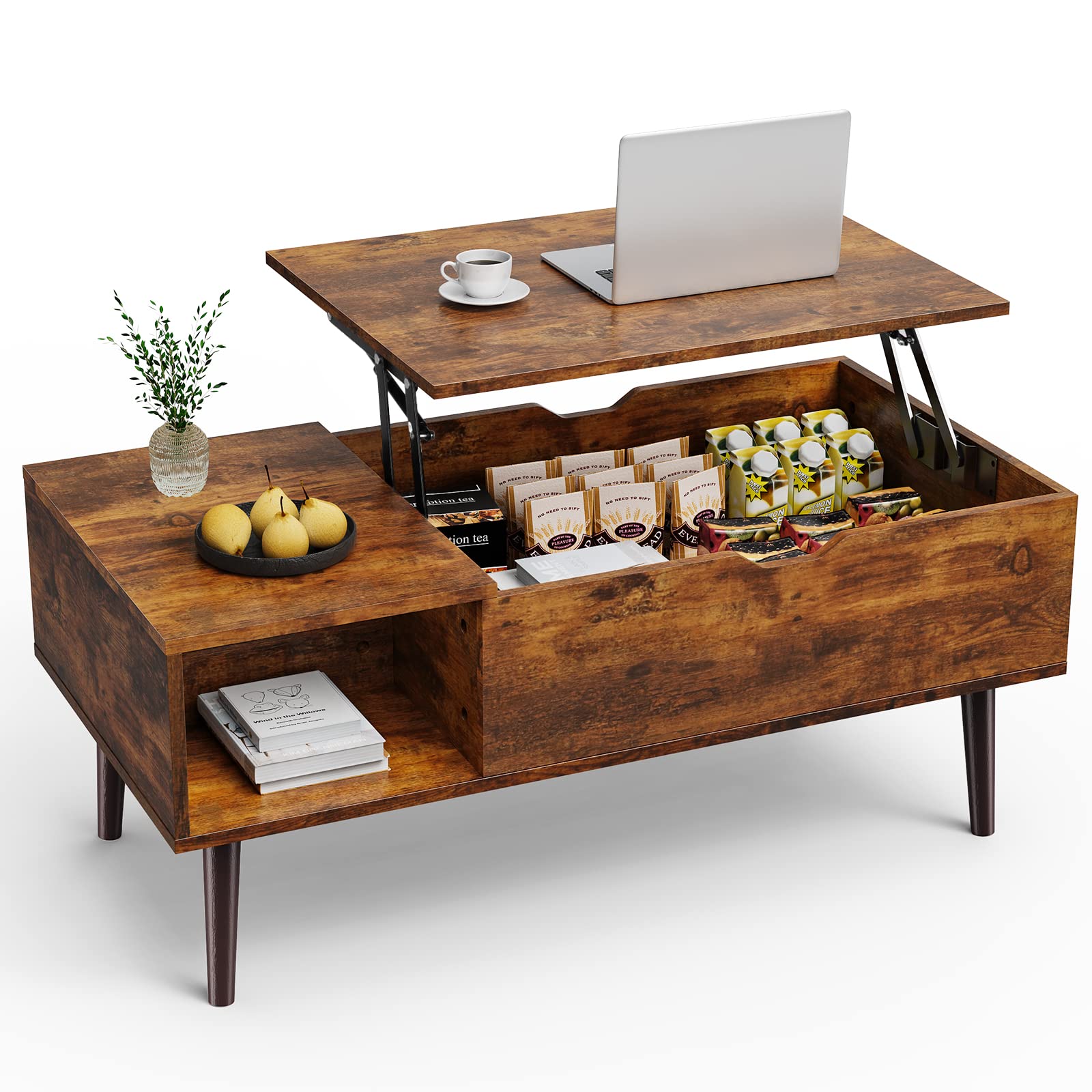 Sweetcrispy Lift Top Coffee Tables for Living Room, Small Rising Wooden Center Tables with Storage Shelf and Center Tables, with Storage Shelf.