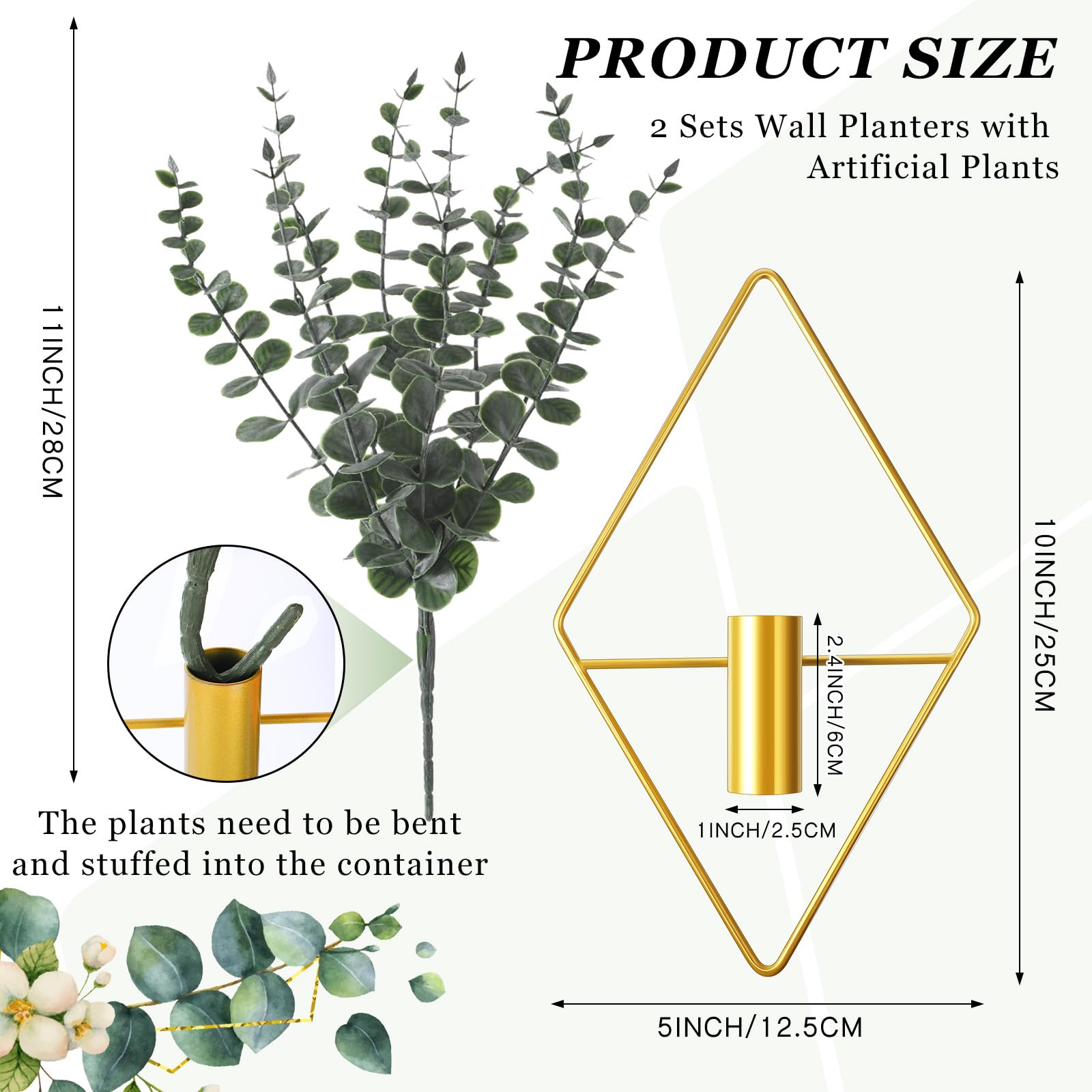 Jexine 4 Pcs Hanging Planters with Artificial Eucalyptus Metal Hanging Vase Indoor Plants Holder Modern Geometric Boho Bathroom Wall Decor for Living Room Home Office(Black)