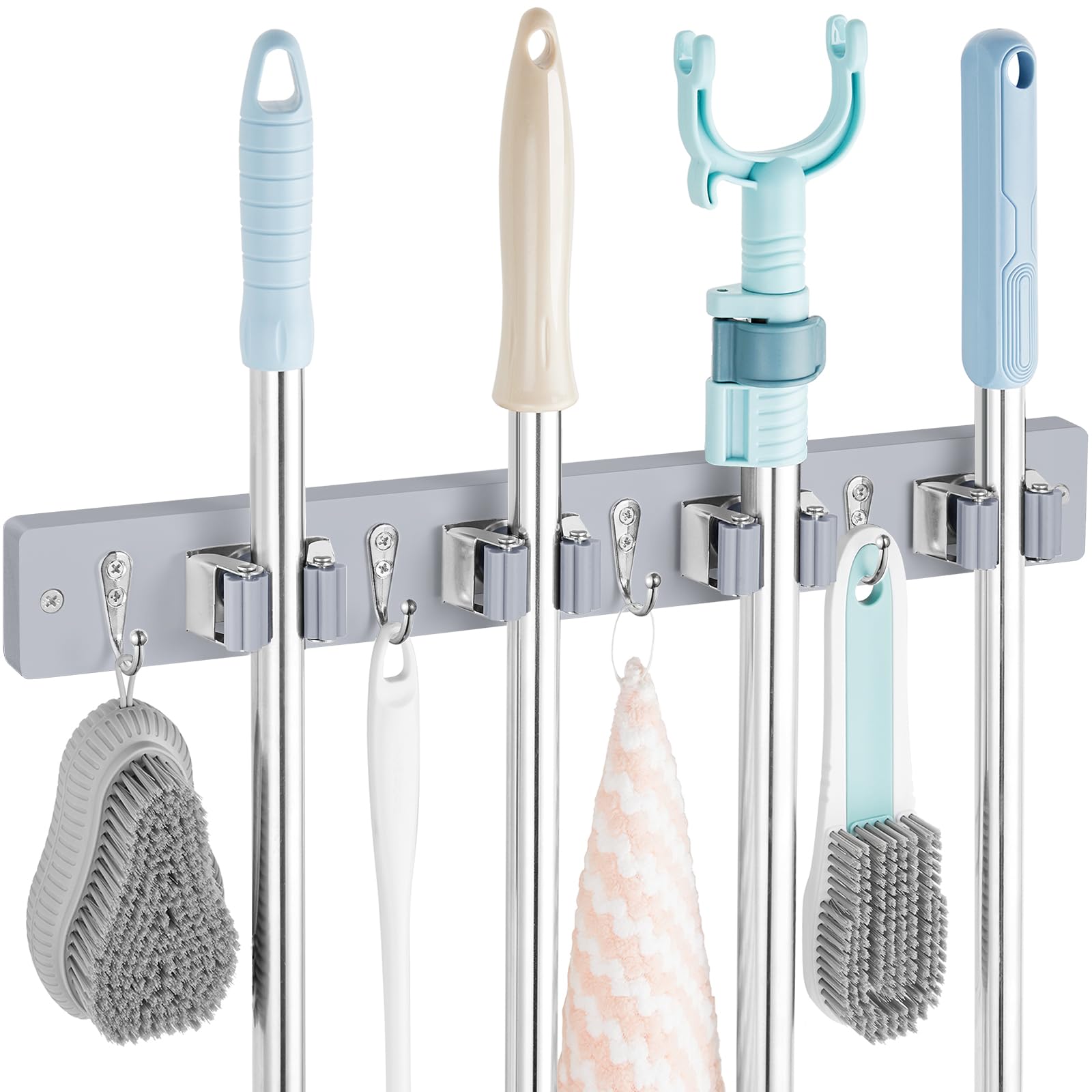 Mop and Broom Holder Wall Mount - Rustic Wood Broom Mop Hanger - Wall Mounted Garden Tool Rack Organizer for Closet Garage Laundry Room Kitchen Decor With 4 Slots & 4 Hooks