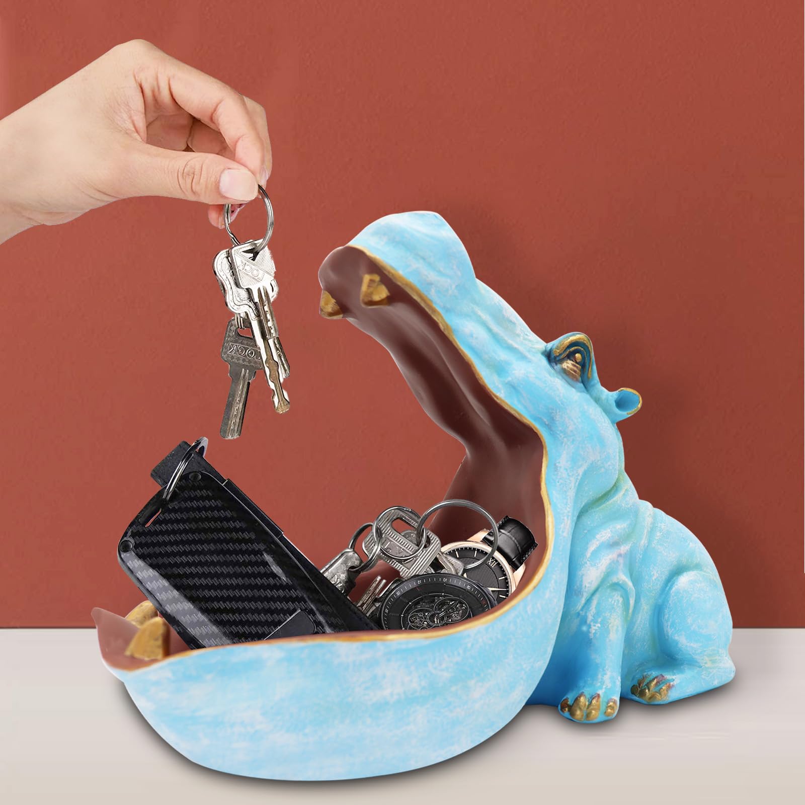 aboxoo Hippo Statue,Large Hippopotamus Figurine Home Sculpture with Resin, Hippo Candy Jar, Candy Dish Bowl for Office Desk, Key Bowl for Entryway Table,Container Storage Art Decor Box(Dark Blue)