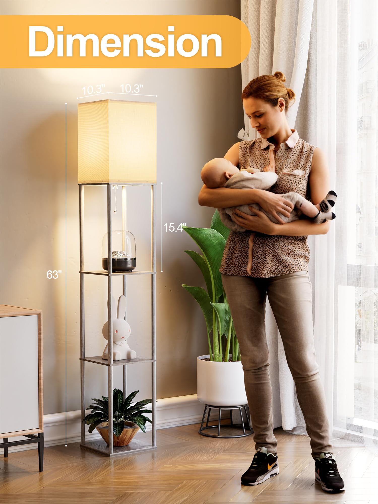 Floor Lamp with Shelves for Living Room, Shelf Floor Lamp with 3 CCT LED Bulb, Corner Display Standing Column Lamp Etagere Organizer Tower Nightstand with White Linen Shade for Bedroom, Office