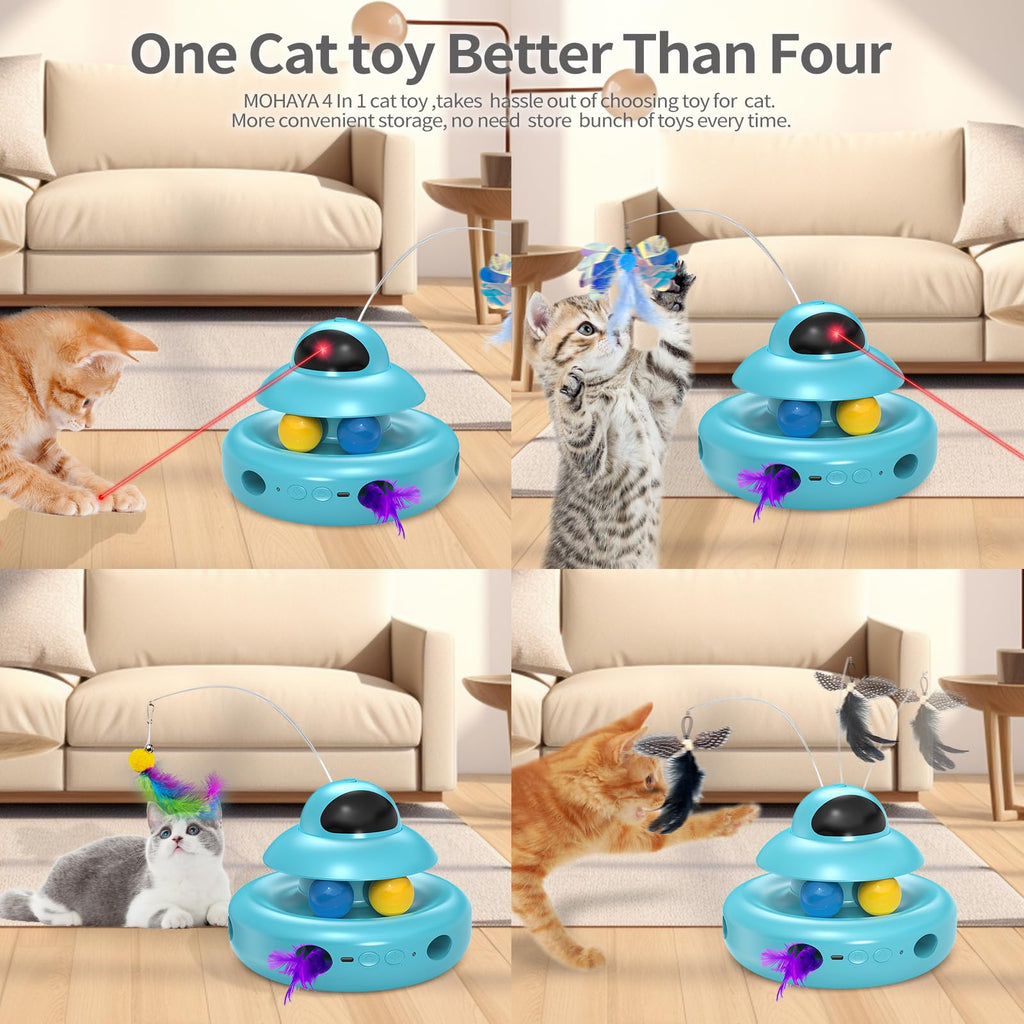 Interactive Cat Toys for Indoor Cats,4-in-1 Automatic Kitten Toy with Laser, Fluttering Butterfly, Moving Feather & Track Balls, USB Rechargeable Self-Play Electronic Toy for Kittens & Adults