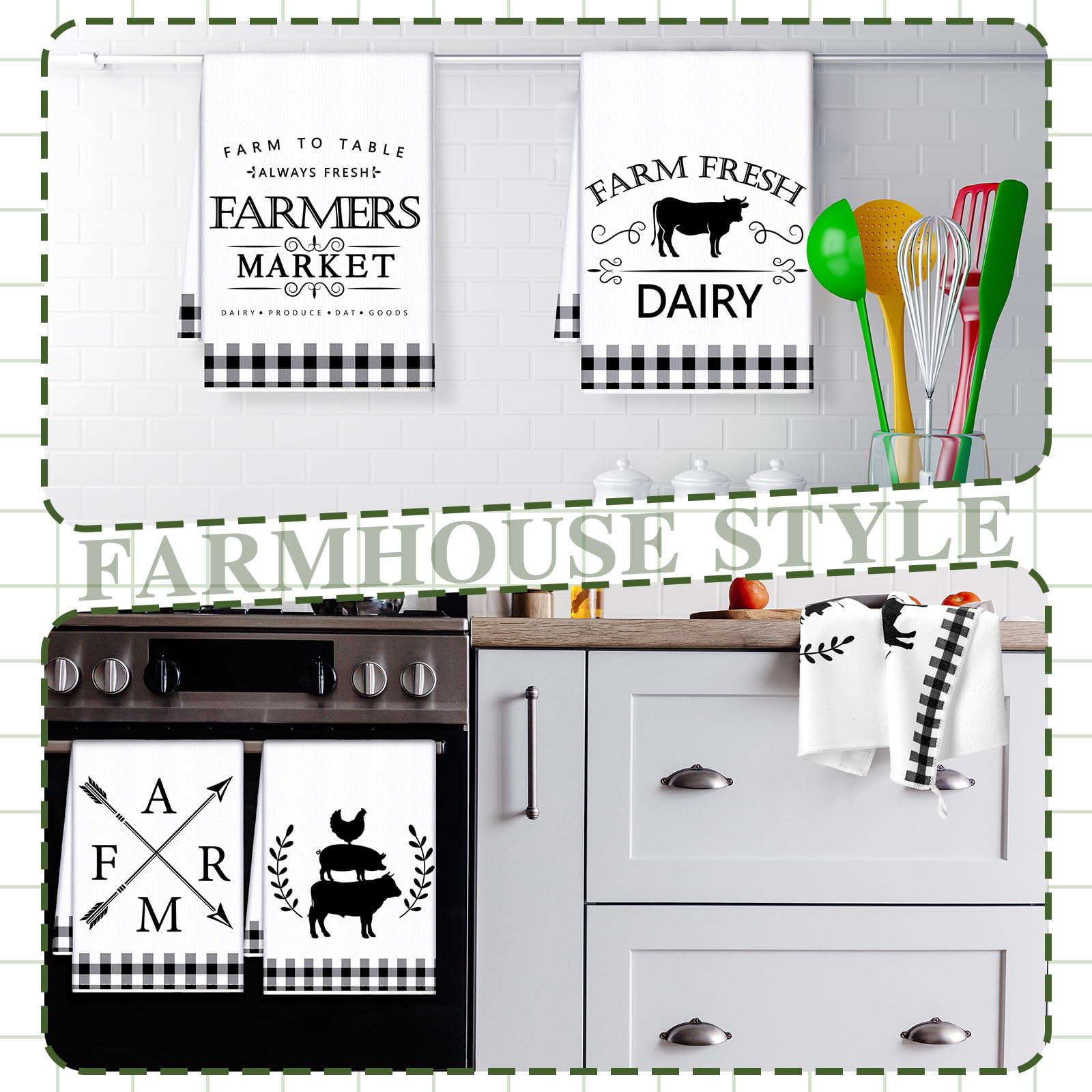 Geyoga 4 Pcs Chicken Kitchen Towels Rooster Dish Hand Towels Farm Animal Cow Vintage Rustic Tea Cloth for Spring Easter Bathroom Farmhouse Decor Gifts, 16 x 24 Inch(Classic Color,Rooster)