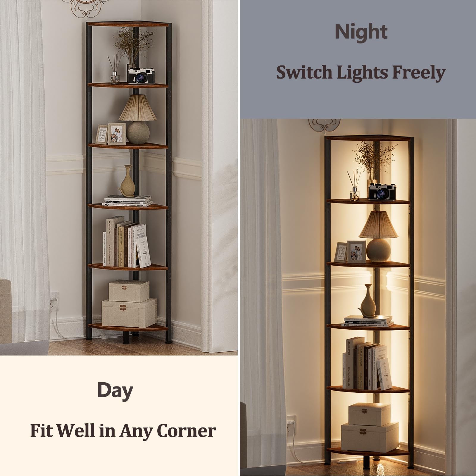 Furnulem 6 Tier Corner Shelf with LED Light, 67.5” Tall Standing Shelf Organizer, Black Narrow Bookshelf with Storage Rack for Wall Corner, Living Room, Bedroom, Metal Frame, Wood Display Shelf