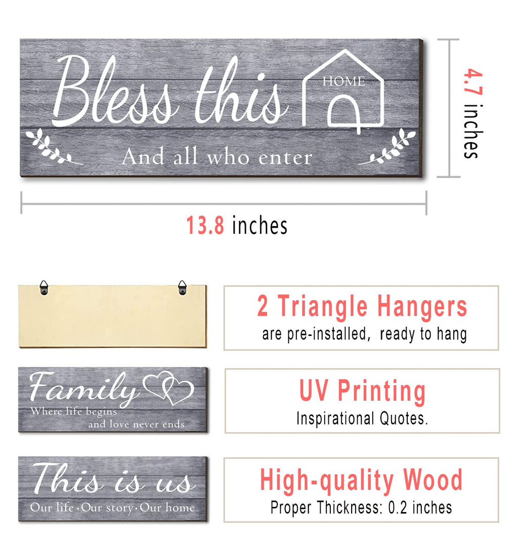 4 Pieces Home Wall Signs, THIS IS US/TOGETHER/BLESS THIS HOME/FAMILY Wall Decor For Living Room Bedroom, Rustic Wooden Farmhouse Wall Art , 4.7 x 13.8 Inch(Brown)