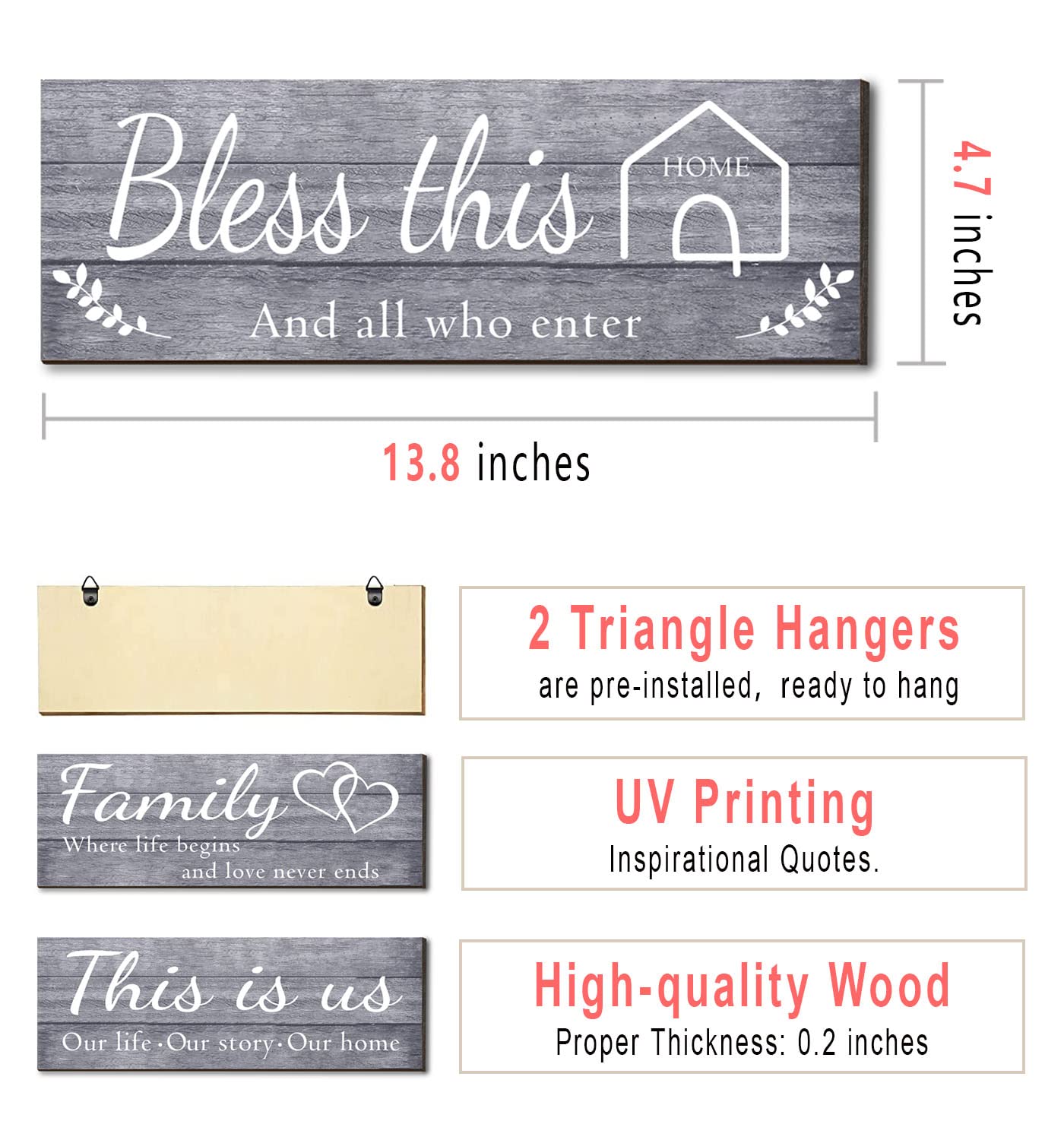4 Pieces Home Wall Signs, THIS IS US/TOGETHER/BLESS THIS HOME/FAMILY Wall Decor For Living Room Bedroom, Rustic Wooden Farmhouse Wall Art , 4.7 x 13.8 Inch(Brown)