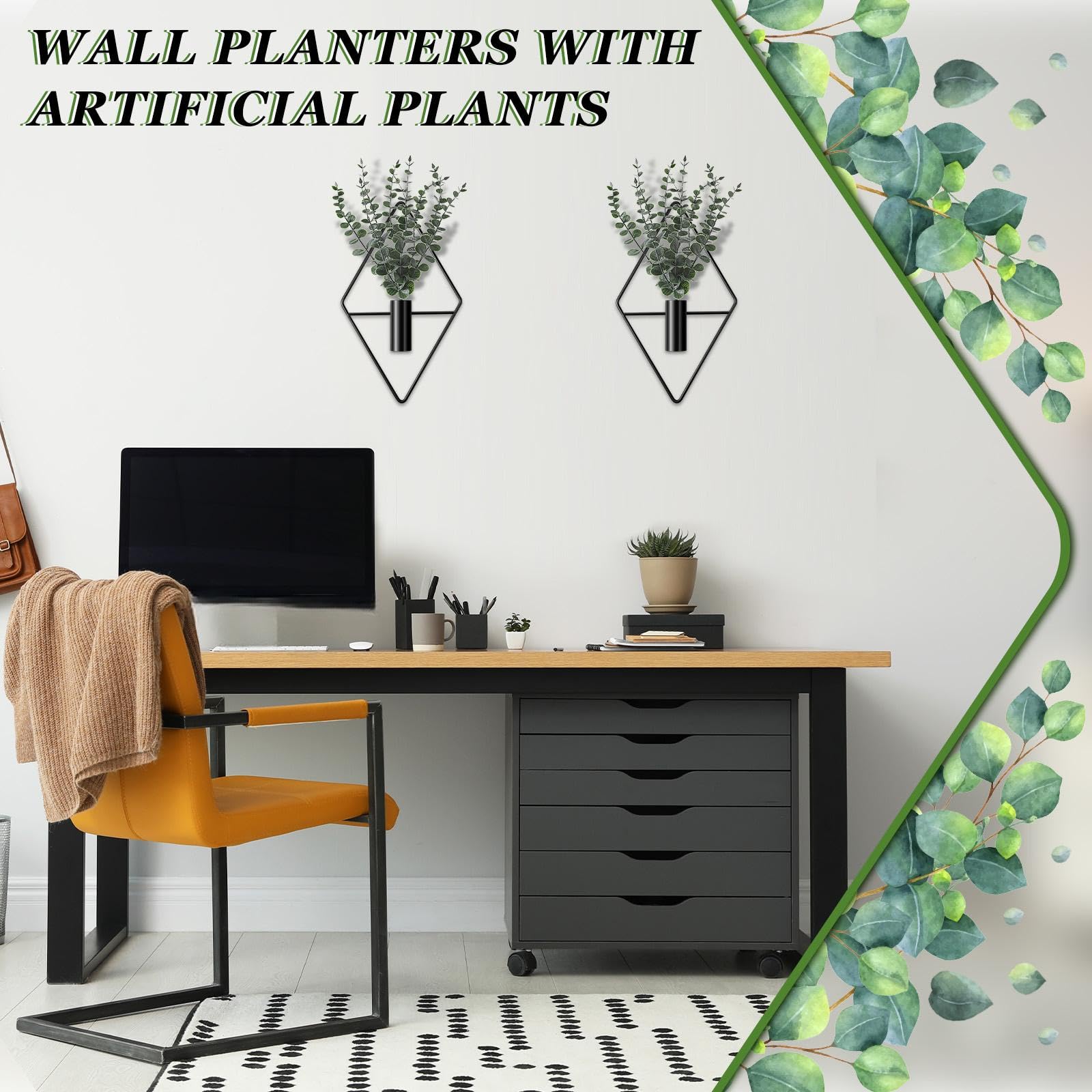 Jexine 4 Pcs Hanging Planters with Artificial Eucalyptus Metal Hanging Vase Indoor Plants Holder Modern Geometric Boho Bathroom Wall Decor for Living Room Home Office(Black)