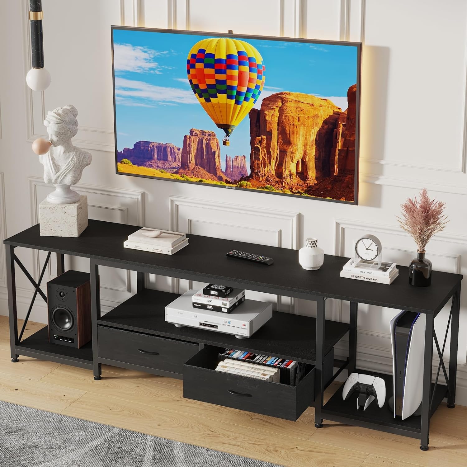 GYIIYUO TV Stand with Fabric Drawer - Entertainment Center and Industrial TV Console Table with Open Storage Shelves for Living Room, Bedroom - 55.1" Rustic Brown