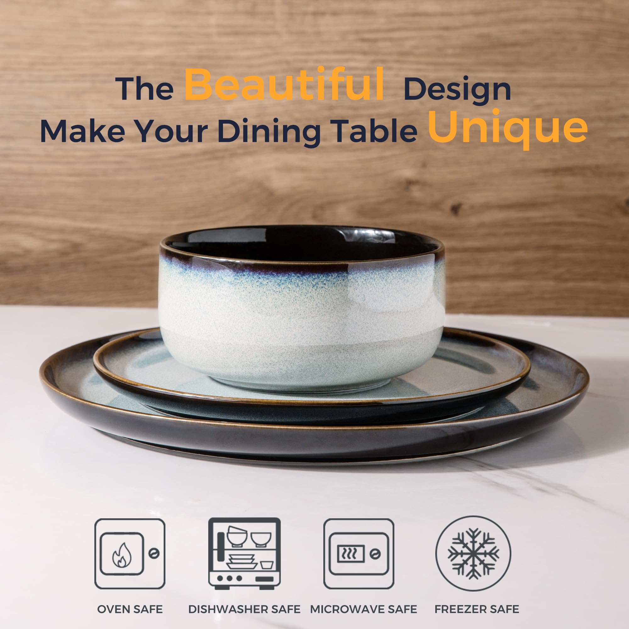 LERATIO Ceramic Dinnerware Sets for 8,Plates and Bowls Sets,Reactive Glaze Dishes Set,Highly Chip and Crack Resistant | Dishwasher & Microwave & Oven Safe Dishes set,Service for 8-Kahki (24pc)