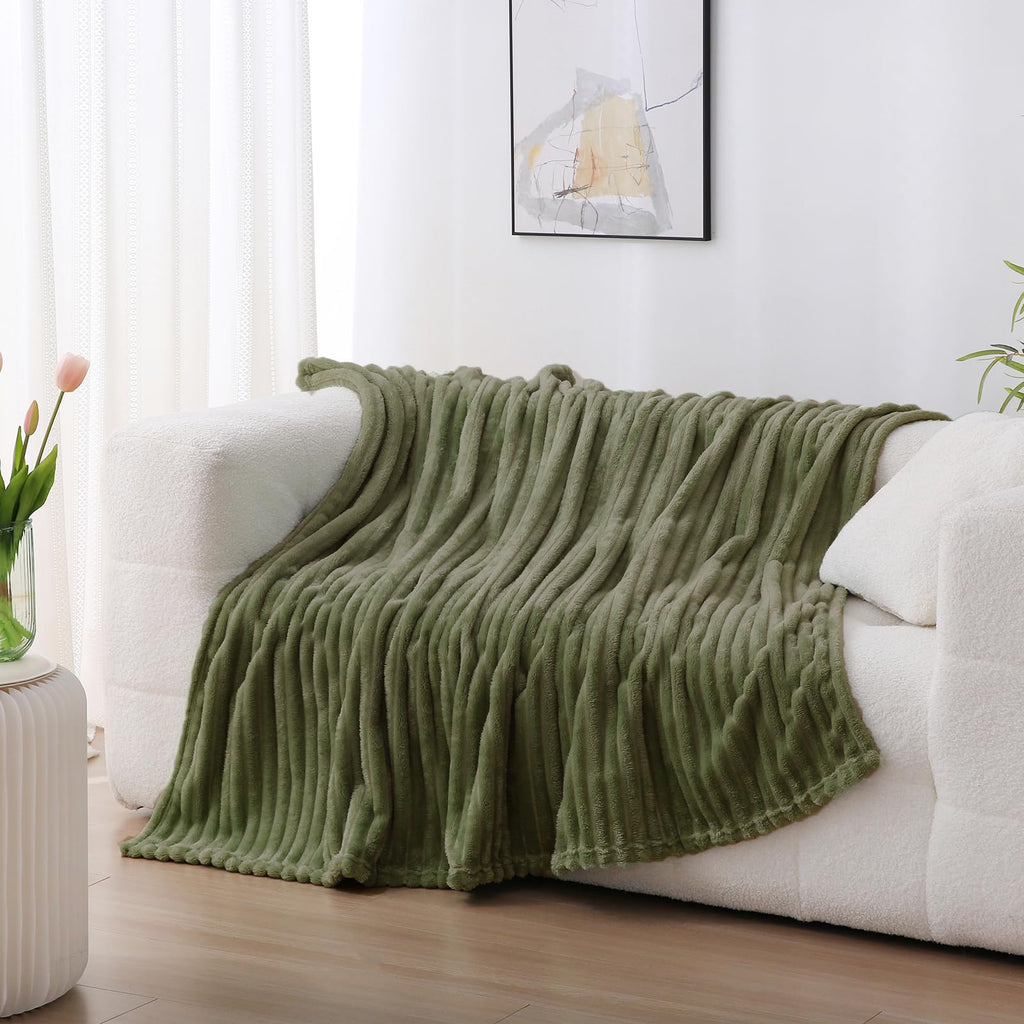 Sage Green Fleece Throw Blanket 50”×60” for Couch Sofa Bed,Super Soft Cozy Plush Microfiber Flannel Blanket with Stripes Design Lightweight for Adults,Woman,Girls