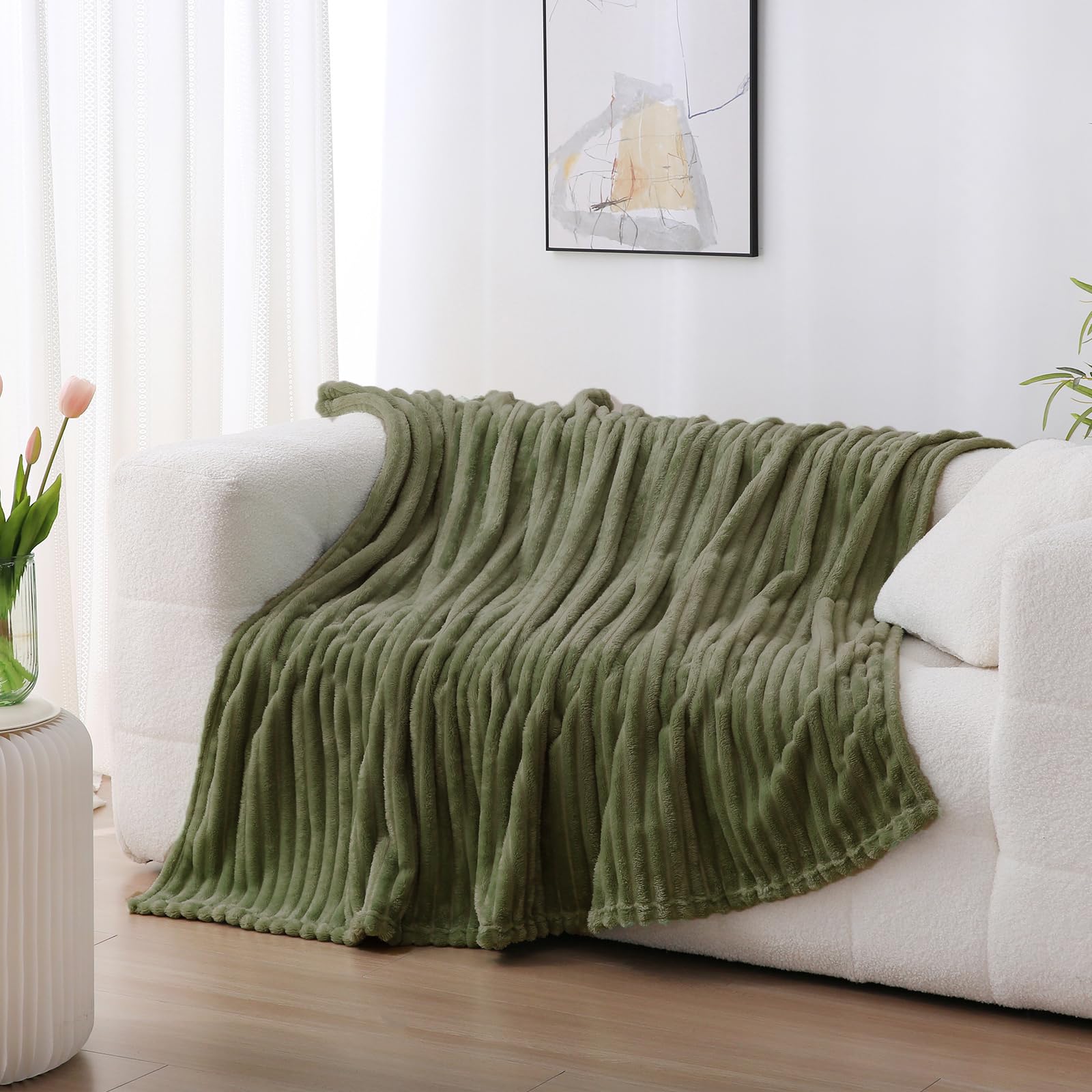 Sage Green Fleece Throw Blanket 50”×60” for Couch Sofa Bed,Super Soft Cozy Plush Microfiber Flannel Blanket with Stripes Design Lightweight for Adults,Woman,Girls