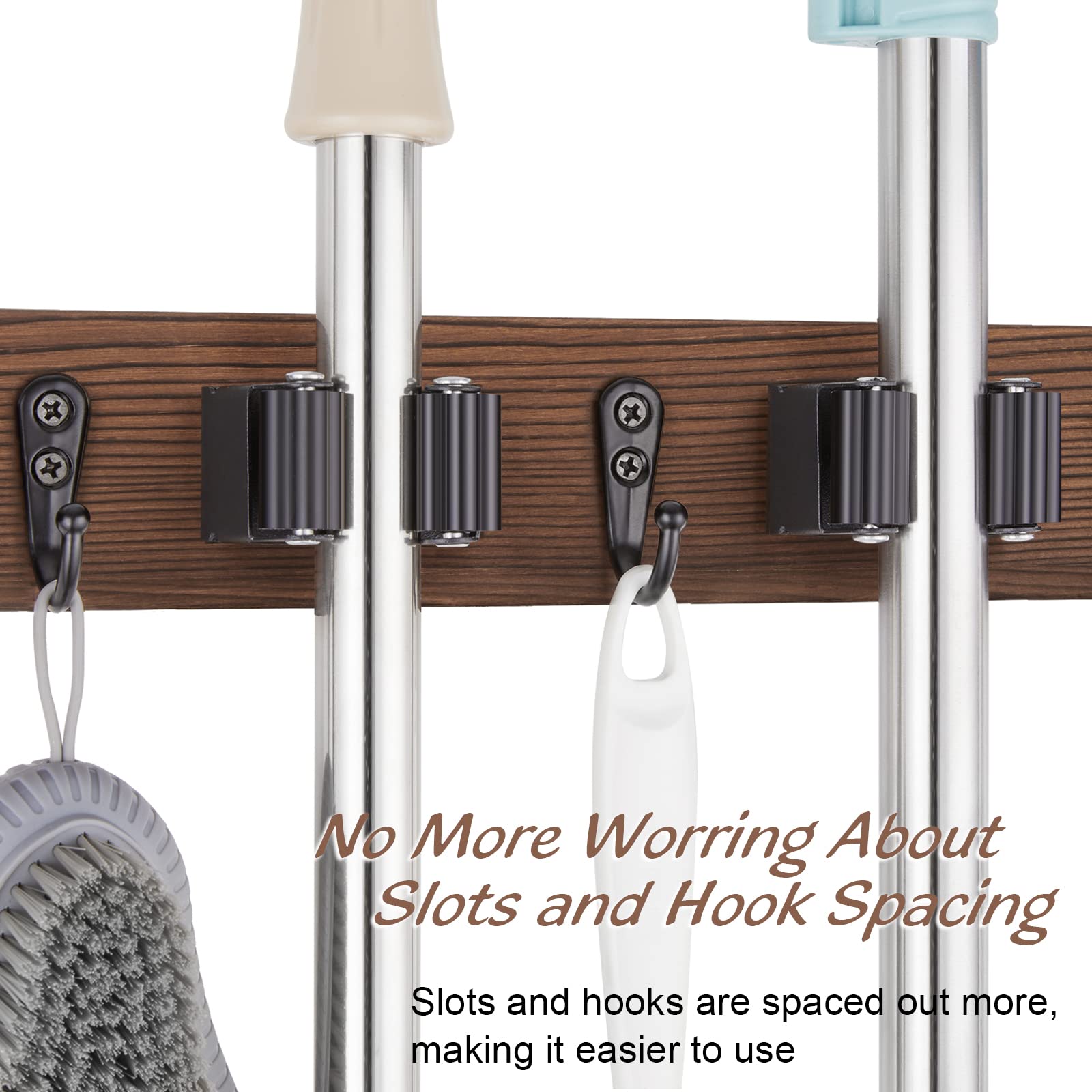 Mop and Broom Holder Wall Mount - Rustic Wood Broom Mop Hanger - Wall Mounted Garden Tool Rack Organizer for Closet Garage Laundry Room Kitchen Decor With 4 Slots & 4 Hooks