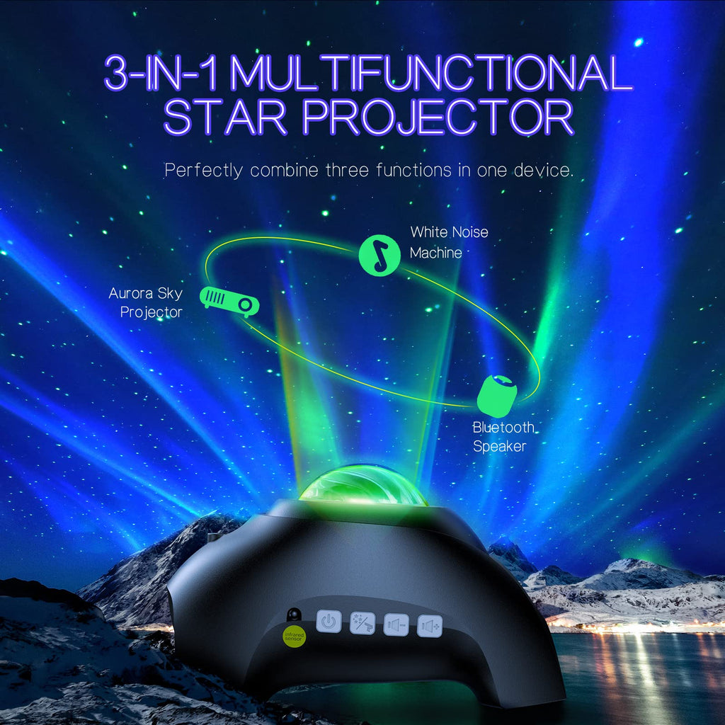 Northern Galaxy Aurora Projector – 33 Dynamic Light Effects, LED Star & Nebula Night Light with Remote Control, White Noise Sounds, and Bluetooth Speaker for Bedroom & Parties