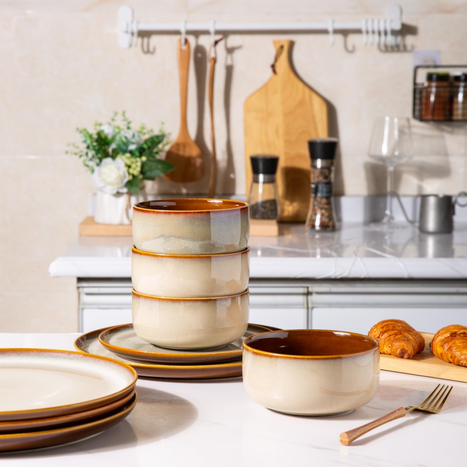 LERATIO Ceramic Dinnerware Sets for 8,Plates and Bowls Sets,Reactive Glaze Dishes Set,Highly Chip and Crack Resistant | Dishwasher & Microwave & Oven Safe Dishes set,Service for 8-Kahki (24pc)