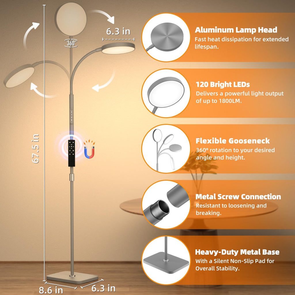 Floor Lamp, Adjustable Height Floor Lamps for Living Room Bedroom, 120 LED Super Bright Standing Lamp Remote & Touch Control Dimmable Gooseneck Tall Stand Reading Lamp for Office Craft, Black