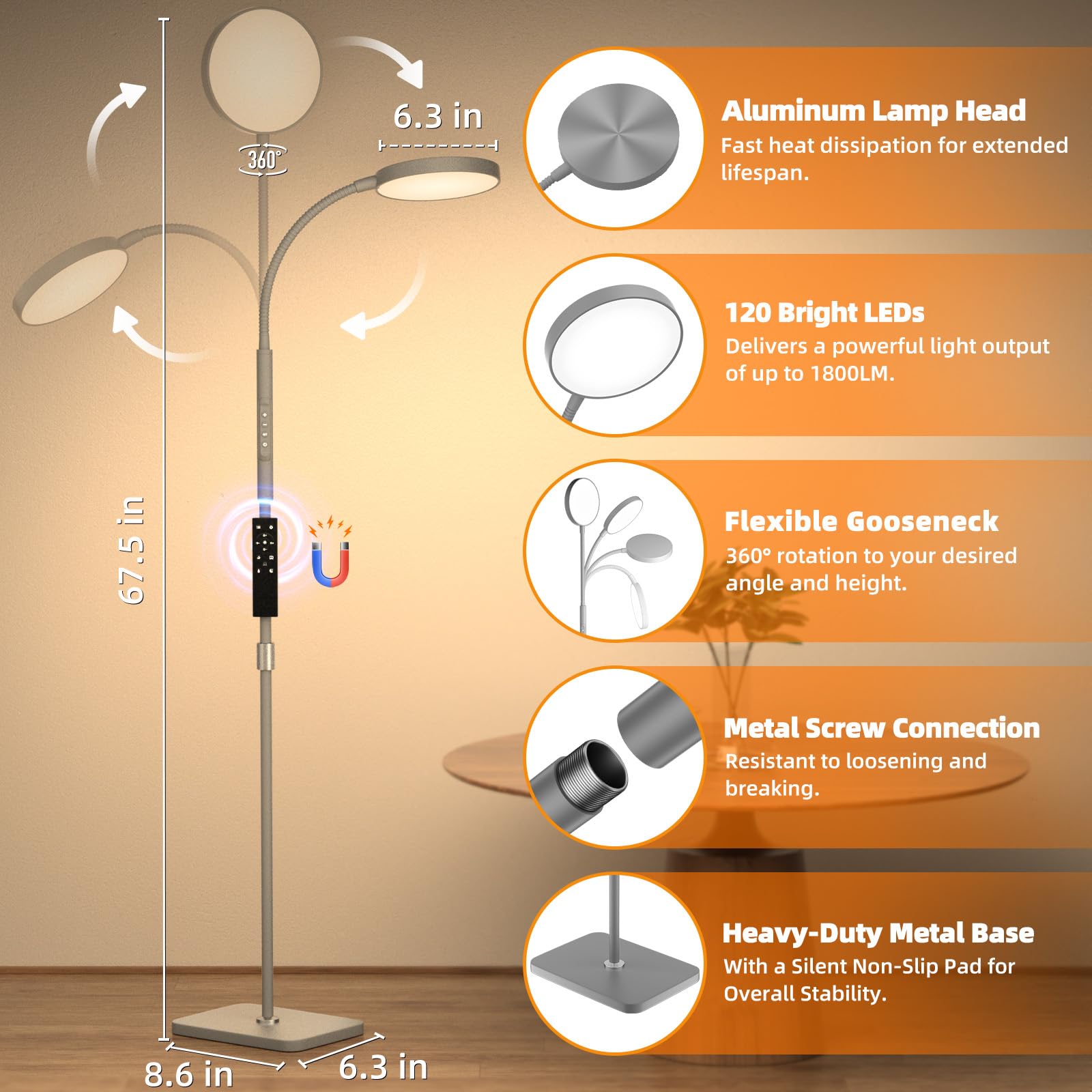 Floor Lamp, Adjustable Height Floor Lamps for Living Room Bedroom, 120 LED Super Bright Standing Lamp Remote & Touch Control Dimmable Gooseneck Tall Stand Reading Lamp for Office Craft, Black