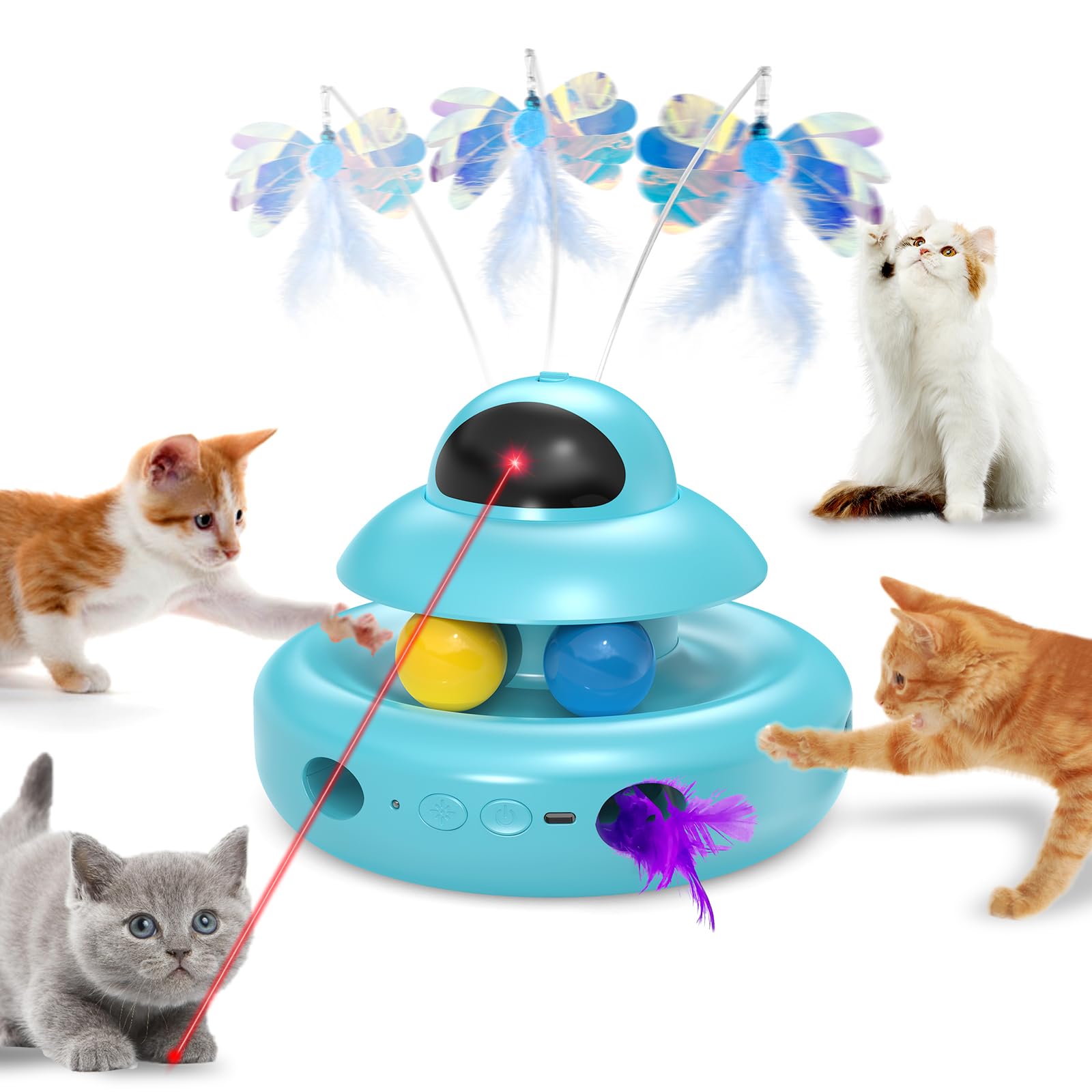 Interactive Cat Toys for Indoor Cats,4-in-1 Automatic Kitten Toy with Laser, Fluttering Butterfly, Moving Feather & Track Balls, USB Rechargeable Self-Play Electronic Toy for Kittens & Adults