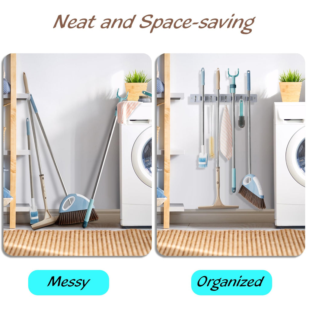 Mop and Broom Holder Wall Mount - Rustic Wood Broom Mop Hanger - Wall Mounted Garden Tool Rack Organizer for Closet Garage Laundry Room Kitchen Decor With 4 Slots & 4 Hooks