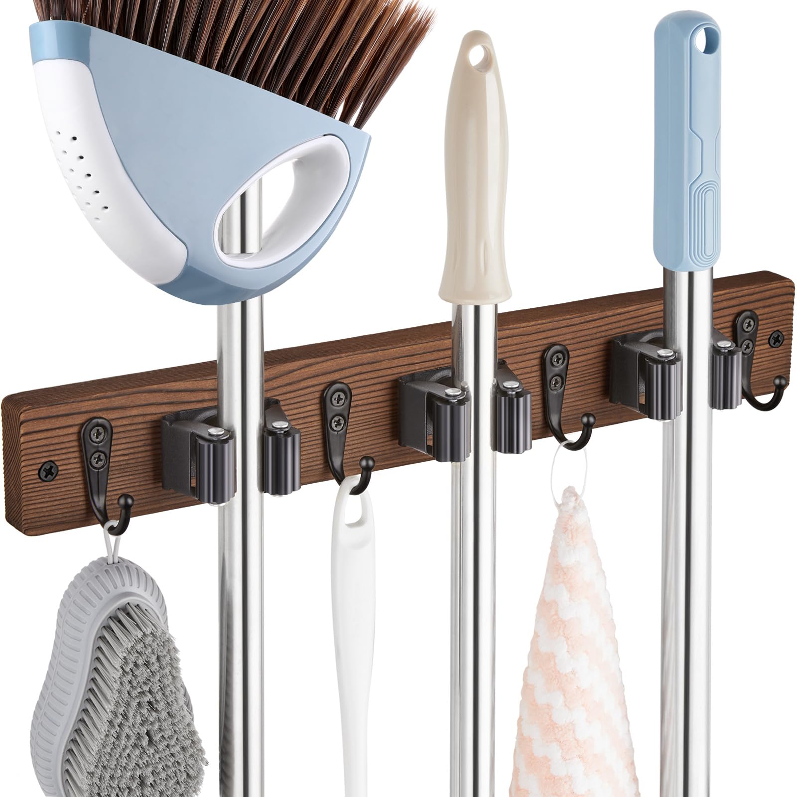 Mop and Broom Holder Wall Mount - Rustic Wood Broom Mop Hanger - Wall Mounted Garden Tool Rack Organizer for Closet Garage Laundry Room Kitchen Decor With 4 Slots & 4 Hooks