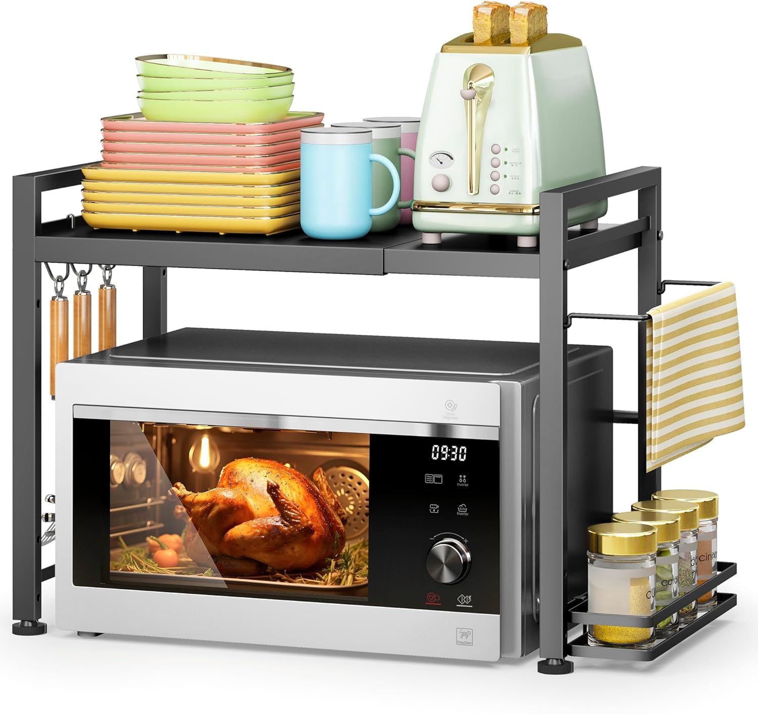 DOLALIKE Microwave Oven Rack, Expandable Microwave Stand Countertop Kitchen Utensils Tableware Storage, Carbon Steel Over Microwave Shelf Countertop with 3 Hooks