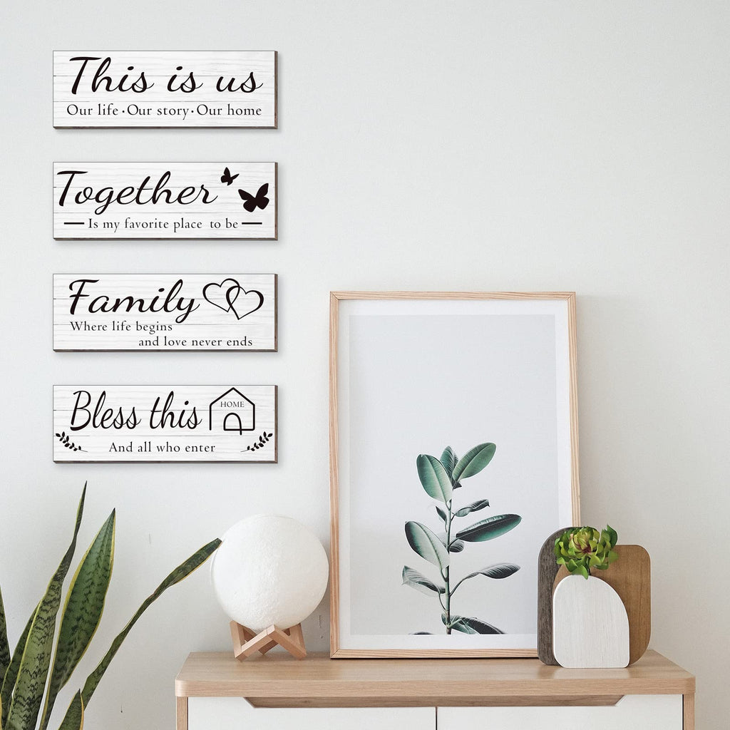 4 Pieces Home Wall Signs, THIS IS US/TOGETHER/BLESS THIS HOME/FAMILY Wall Decor For Living Room Bedroom, Rustic Wooden Farmhouse Wall Art , 4.7 x 13.8 Inch(Brown)