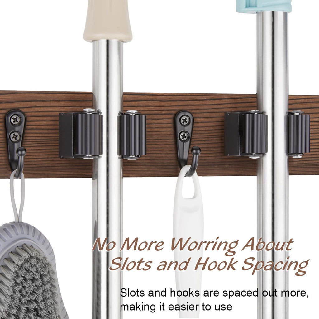 Mop and Broom Holder Wall Mount - Rustic Wood Broom Mop Hanger - Wall Mounted Garden Tool Rack Organizer for Closet Garage Laundry Room Kitchen Decor With 4 Slots & 4 Hooks
