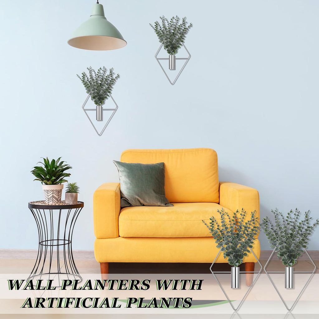 Jexine 4 Pcs Hanging Planters with Artificial Eucalyptus Metal Hanging Vase Indoor Plants Holder Modern Geometric Boho Bathroom Wall Decor for Living Room Home Office(Black)