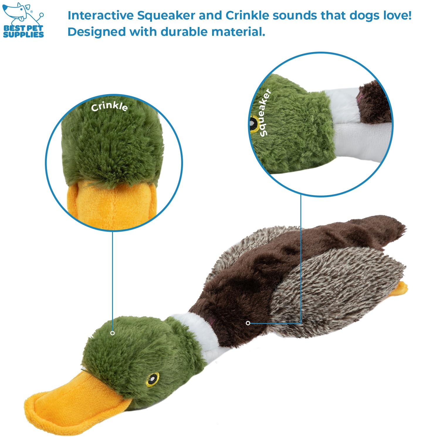 Best Pet Supplies Interactive Squeaky Dog Chew Toy, Ideal Dog Toys for Chewers, Small, Medium & Large Dogs, and Fetch Lovers - Crinkle Duck (Blue), Large