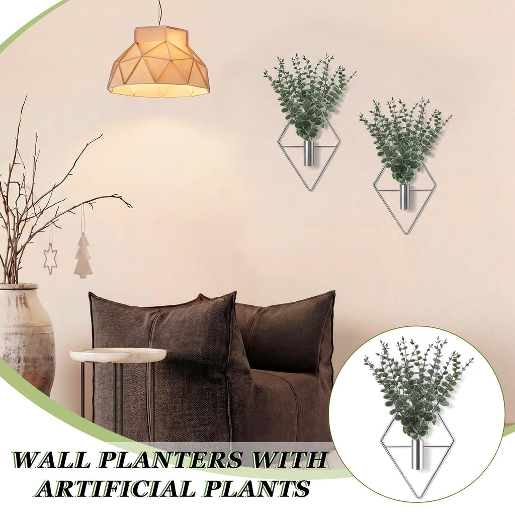 Jexine 4 Pcs Hanging Planters with Artificial Eucalyptus Metal Hanging Vase Indoor Plants Holder Modern Geometric Boho Bathroom Wall Decor for Living Room Home Office(Black)