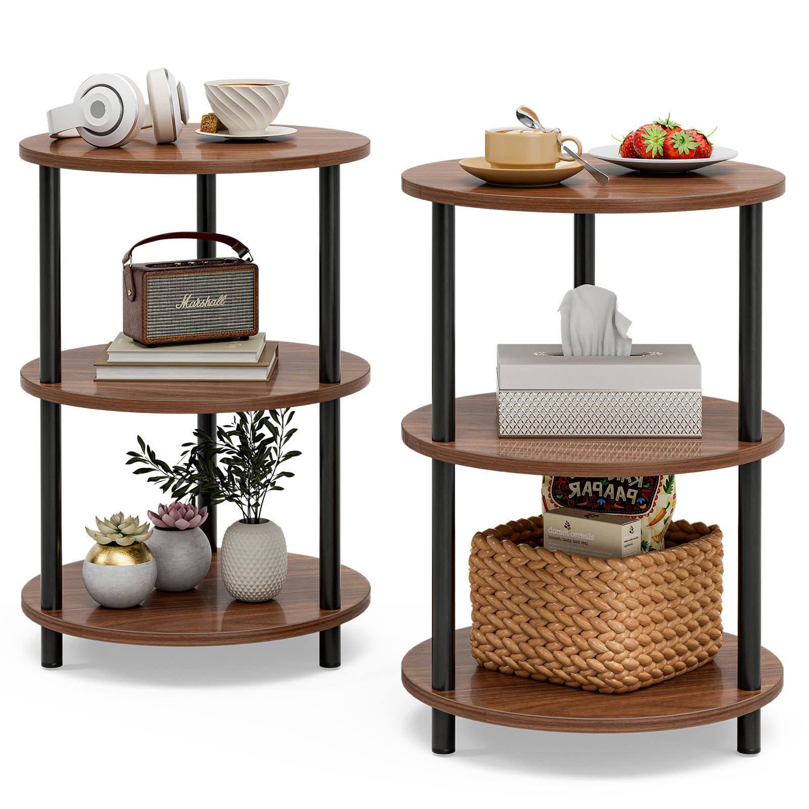 Small Round Coffee Table - 3 Tier Design Accent Table, Narrow Side or Bedside Stand, Industrial Vintage Nightstand for Bedroom, Living Room, or Small Spaces, Rustic Brown