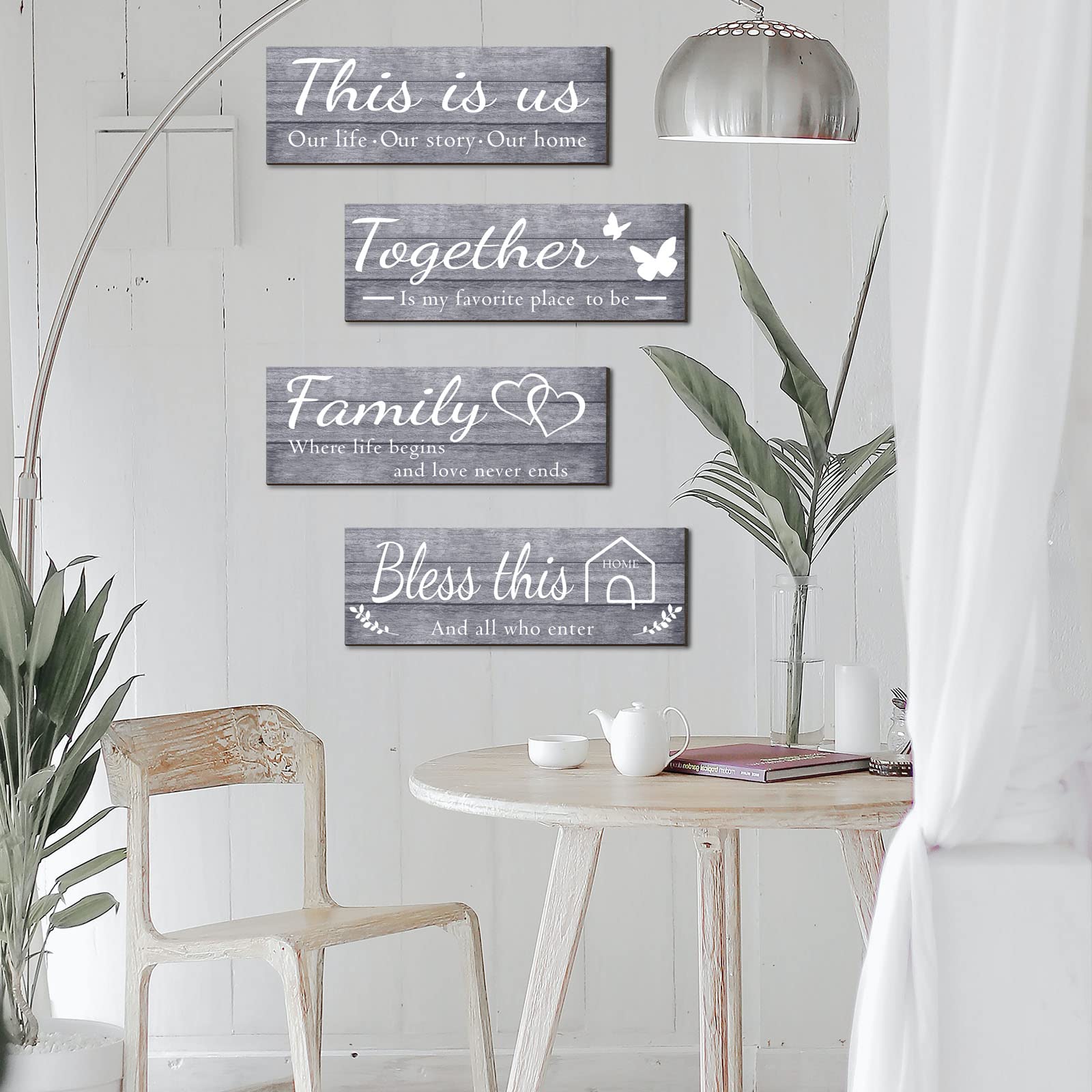 4 Pieces Home Wall Signs, THIS IS US/TOGETHER/BLESS THIS HOME/FAMILY Wall Decor For Living Room Bedroom, Rustic Wooden Farmhouse Wall Art , 4.7 x 13.8 Inch(Brown)
