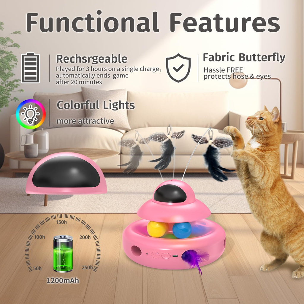 Interactive Cat Toys for Indoor Cats,4-in-1 Automatic Kitten Toy with Laser, Fluttering Butterfly, Moving Feather & Track Balls, USB Rechargeable Self-Play Electronic Toy for Kittens & Adults