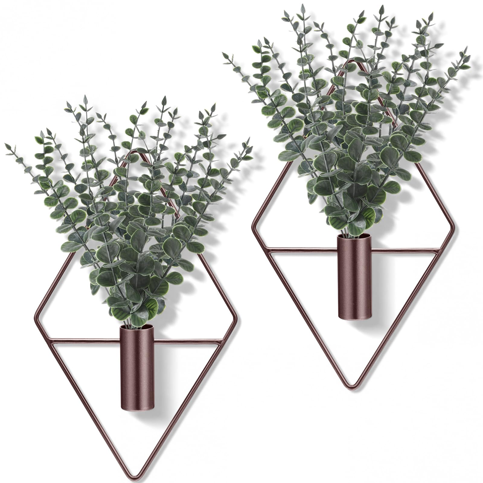 Jexine 4 Pcs Hanging Planters with Artificial Eucalyptus Metal Hanging Vase Indoor Plants Holder Modern Geometric Boho Bathroom Wall Decor for Living Room Home Office(Black)