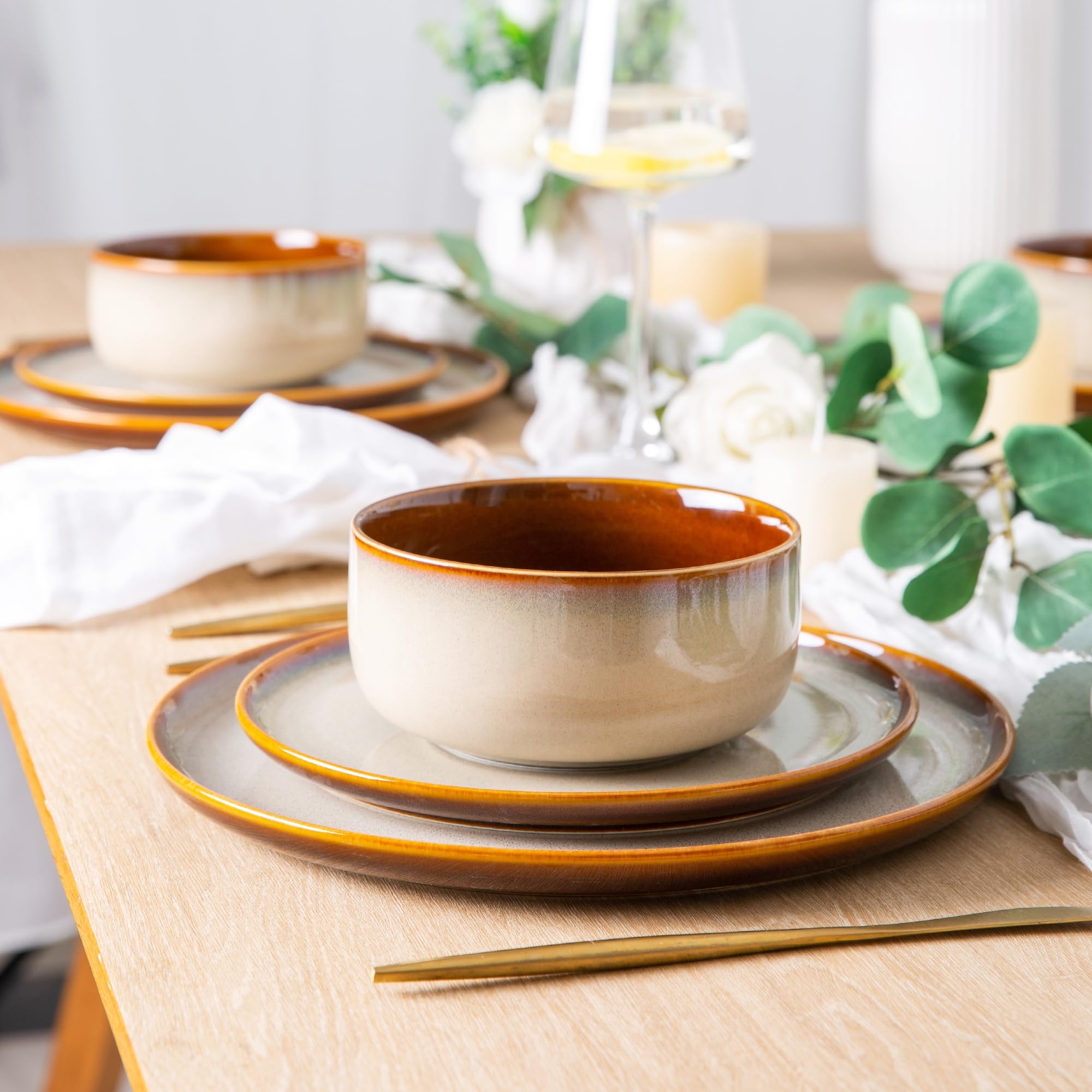 LERATIO Ceramic Dinnerware Sets for 8,Plates and Bowls Sets,Reactive Glaze Dishes Set,Highly Chip and Crack Resistant | Dishwasher & Microwave & Oven Safe Dishes set,Service for 8-Kahki (24pc)