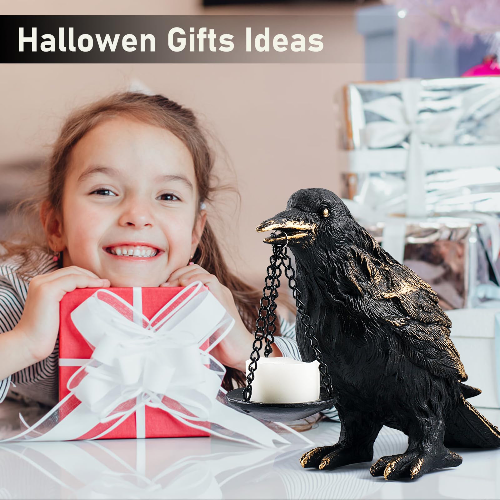 Gothic Crow Lamp with Tealight Candle Holder Resin Raven Decor Statue Gothic Home Decor for Bedroom Unique Goth Gifts Black