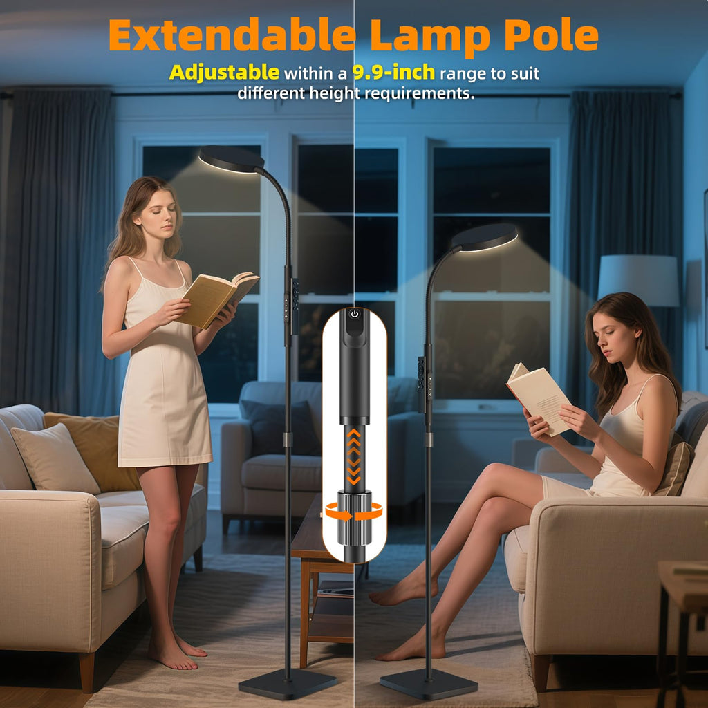 Floor Lamp, Adjustable Height Floor Lamps for Living Room Bedroom, 120 LED Super Bright Standing Lamp Remote & Touch Control Dimmable Gooseneck Tall Stand Reading Lamp for Office Craft, Black