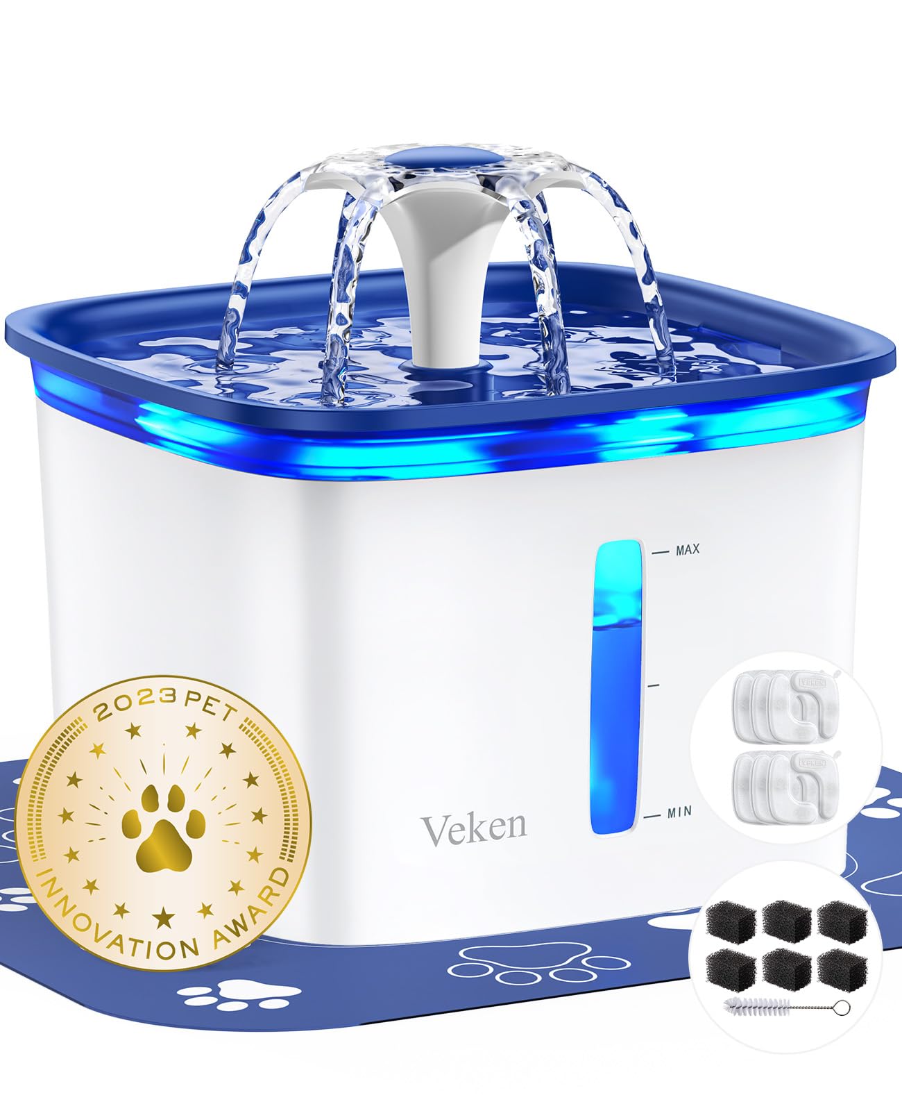 Veken Innovation Award Winner 95oz/2.8L Pet Fountain, Automatic Cat Water Fountain Dog Water Dispenser with Replacement Filters for Cats, Dogs, Multiple Pets (Grey, Plastic)