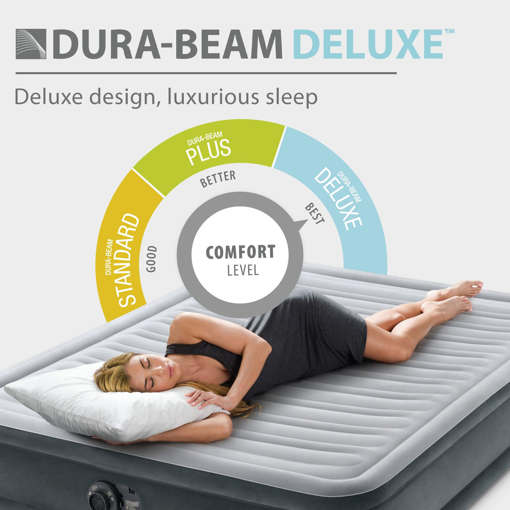 Intex 67765ED Dura-Beam Deluxe Comfort-Plush Mid-Rise Air Mattress : Fiber-Tech – Twin Size – Built-in Electric Pump – 13in Bed Height – 300lb Weight Capacity