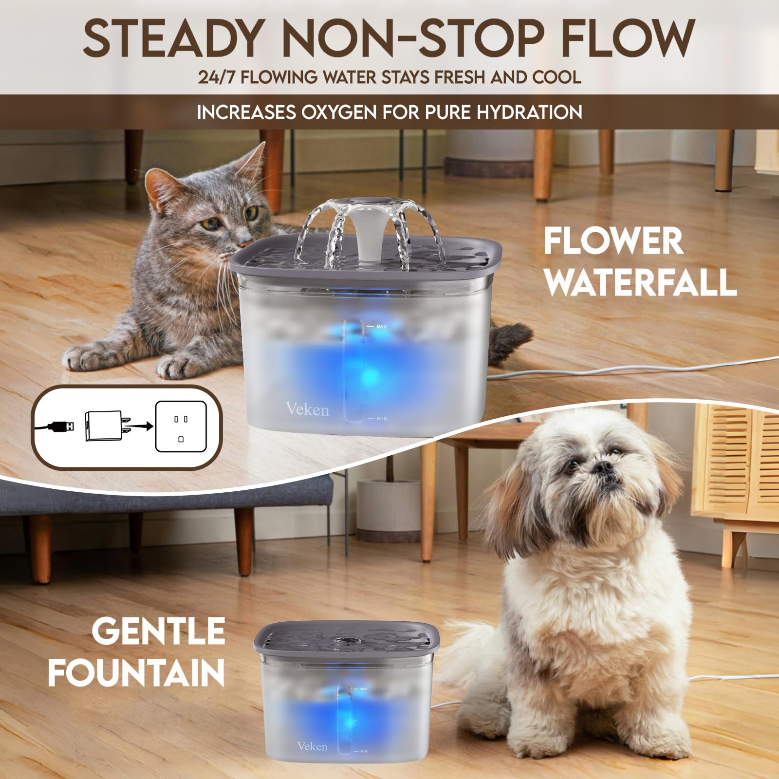 Veken Innovation Award Winner 95oz/2.8L Pet Fountain, Automatic Cat Water Fountain Dog Water Dispenser with Replacement Filters for Cats, Dogs, Multiple Pets (Grey, Plastic)