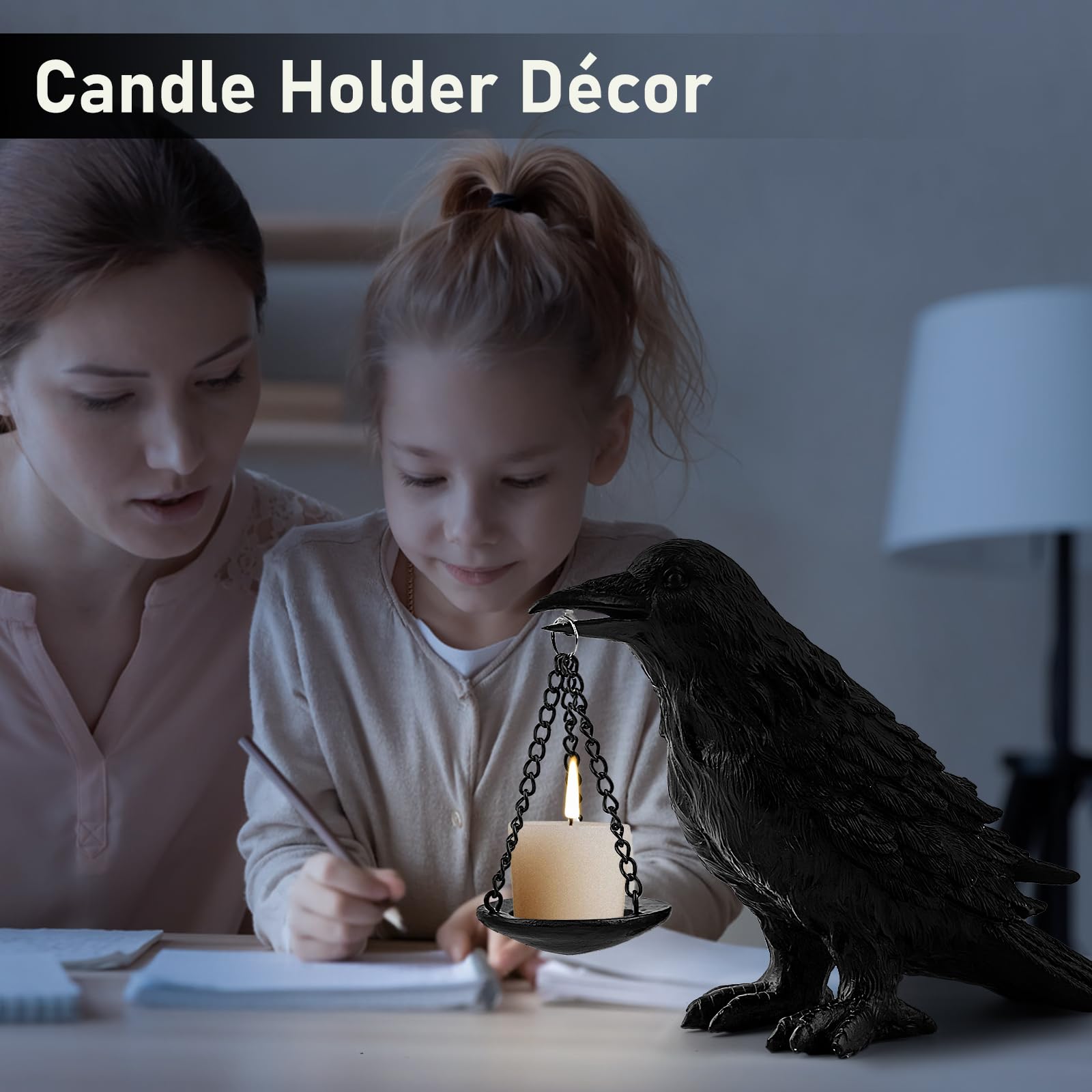 Gothic Crow Lamp with Tealight Candle Holder Resin Raven Decor Statue Gothic Home Decor for Bedroom Unique Goth Gifts Black
