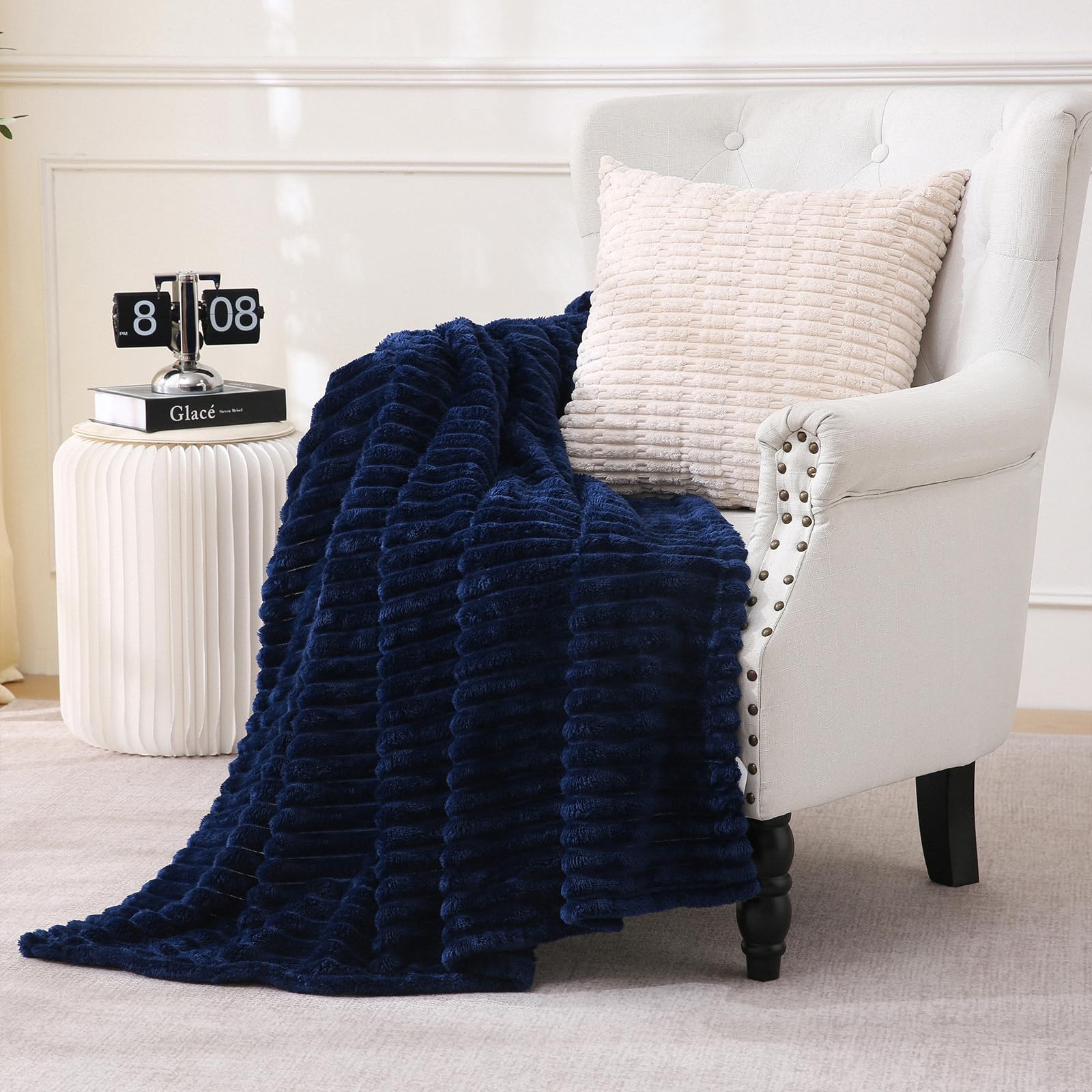 Sage Green Fleece Throw Blanket 50”×60” for Couch Sofa Bed,Super Soft Cozy Plush Microfiber Flannel Blanket with Stripes Design Lightweight for Adults,Woman,Girls