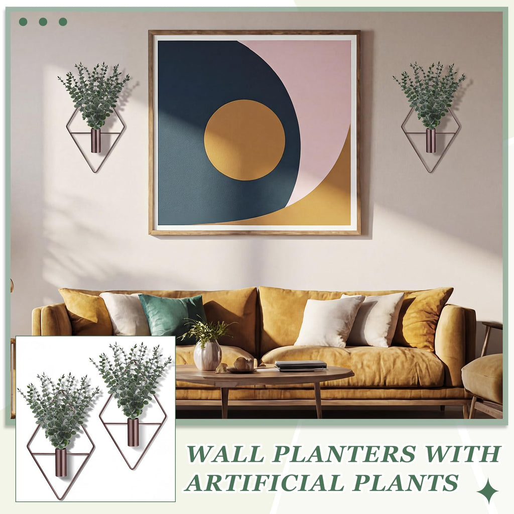 Jexine 4 Pcs Hanging Planters with Artificial Eucalyptus Metal Hanging Vase Indoor Plants Holder Modern Geometric Boho Bathroom Wall Decor for Living Room Home Office(Black)
