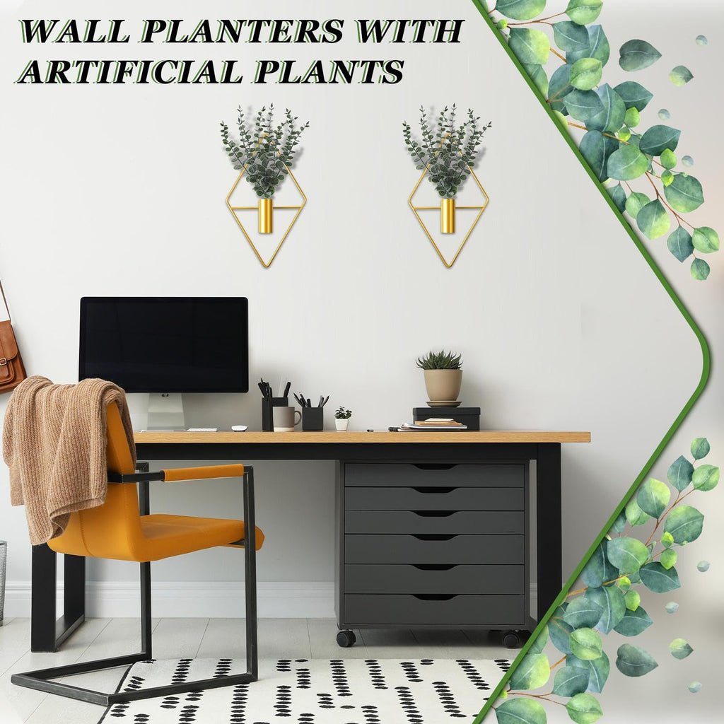 Jexine 4 Pcs Hanging Planters with Artificial Eucalyptus Metal Hanging Vase Indoor Plants Holder Modern Geometric Boho Bathroom Wall Decor for Living Room Home Office(Black)