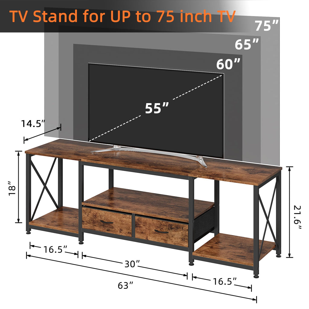 GYIIYUO TV Stand with Fabric Drawer - Entertainment Center and Industrial TV Console Table with Open Storage Shelves for Living Room, Bedroom - 55.1" Rustic Brown