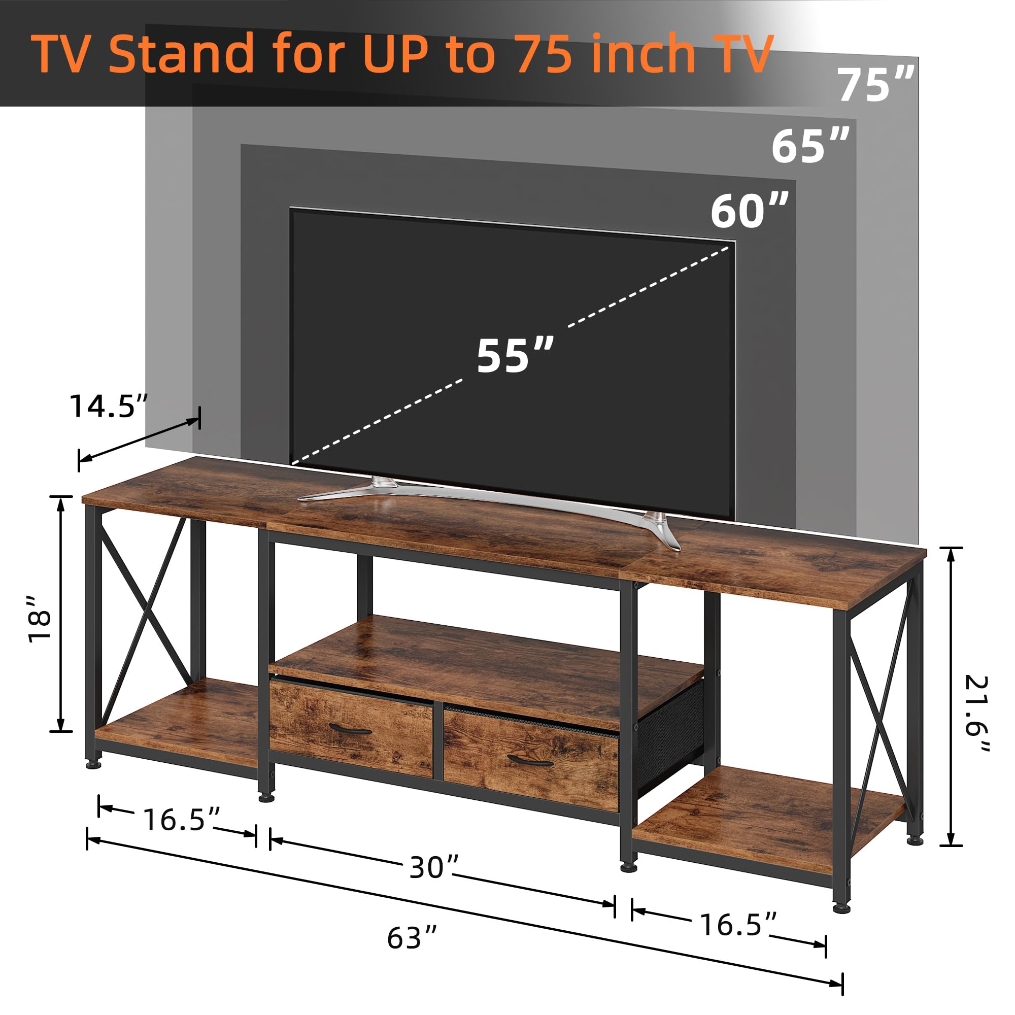GYIIYUO TV Stand with Fabric Drawer - Entertainment Center and Industrial TV Console Table with Open Storage Shelves for Living Room, Bedroom - 55.1" Rustic Brown