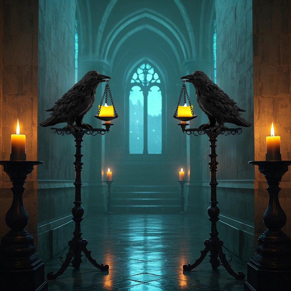 Gothic Crow Lamp with Tealight Candle Holder Resin Raven Decor Statue Gothic Home Decor for Bedroom Unique Goth Gifts Black