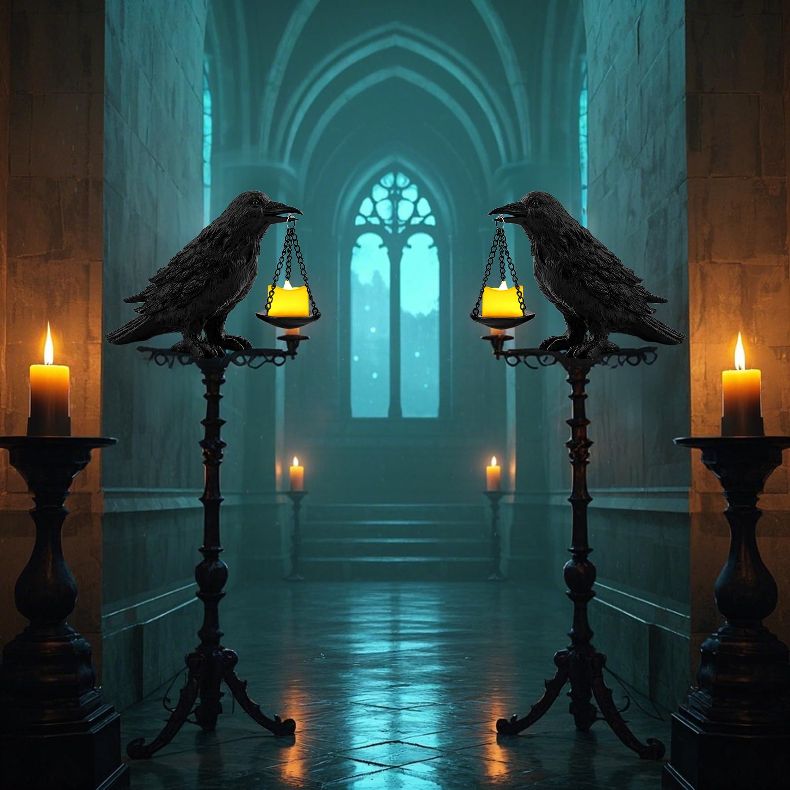Gothic Crow Lamp with Tealight Candle Holder Resin Raven Decor Statue Gothic Home Decor for Bedroom Unique Goth Gifts Black