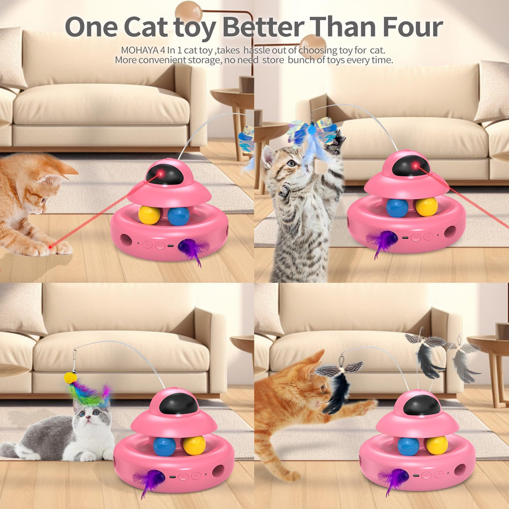 Interactive Cat Toys for Indoor Cats,4-in-1 Automatic Kitten Toy with Laser, Fluttering Butterfly, Moving Feather & Track Balls, USB Rechargeable Self-Play Electronic Toy for Kittens & Adults